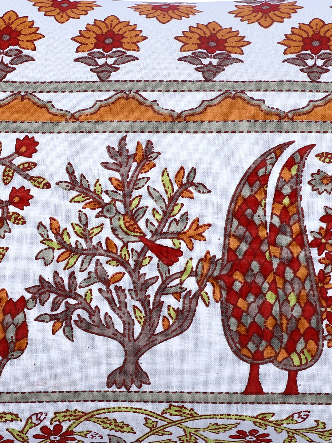 Rajasthan Décor Hand Block Floral White and Orange Cotton Cushion Cover set of 2 (12x18 inches)