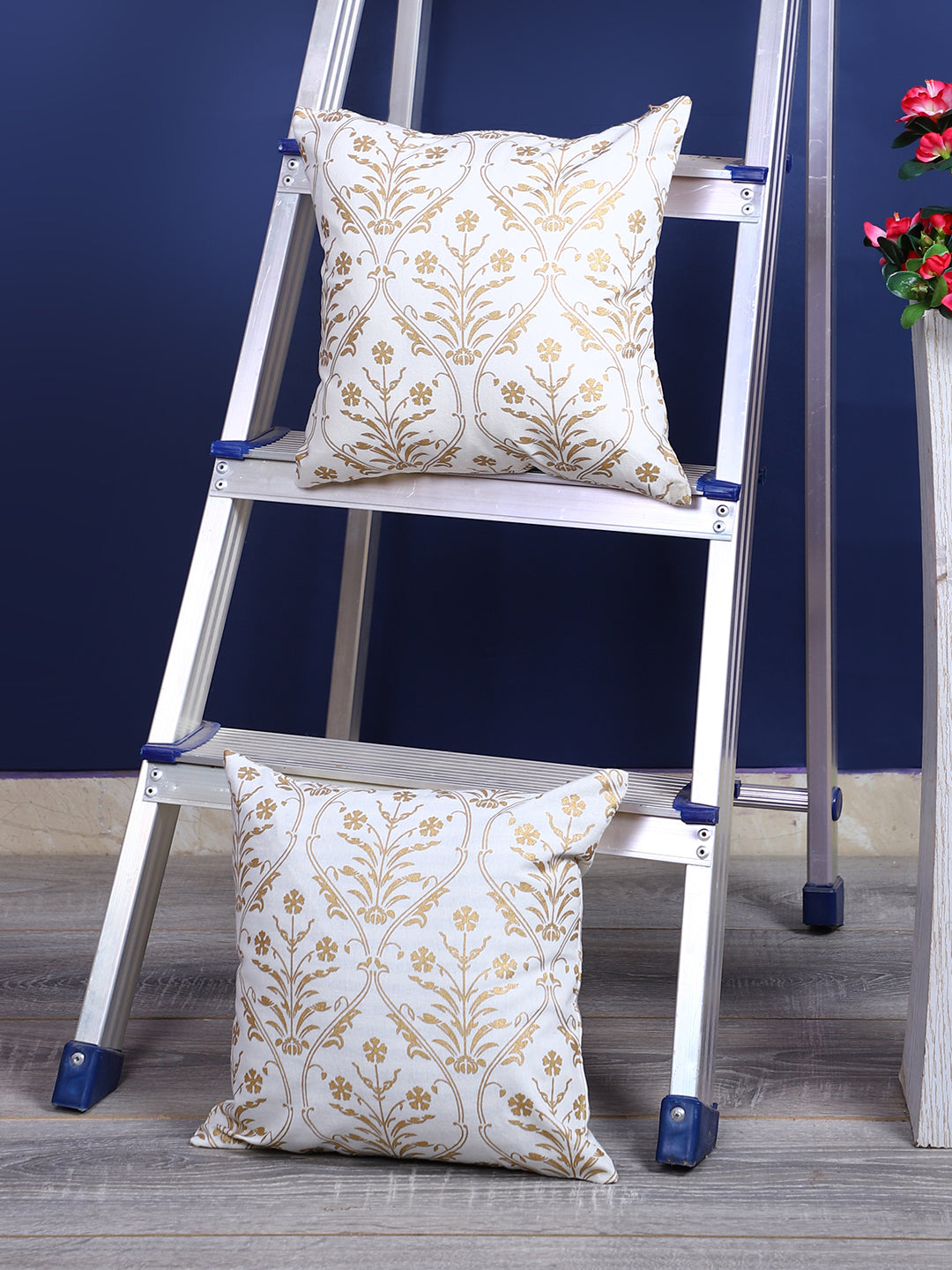 Rajasthan Décor Hand Block Floral White and Gold Cotton Cushion Cover set of 2 (12x12 inches)