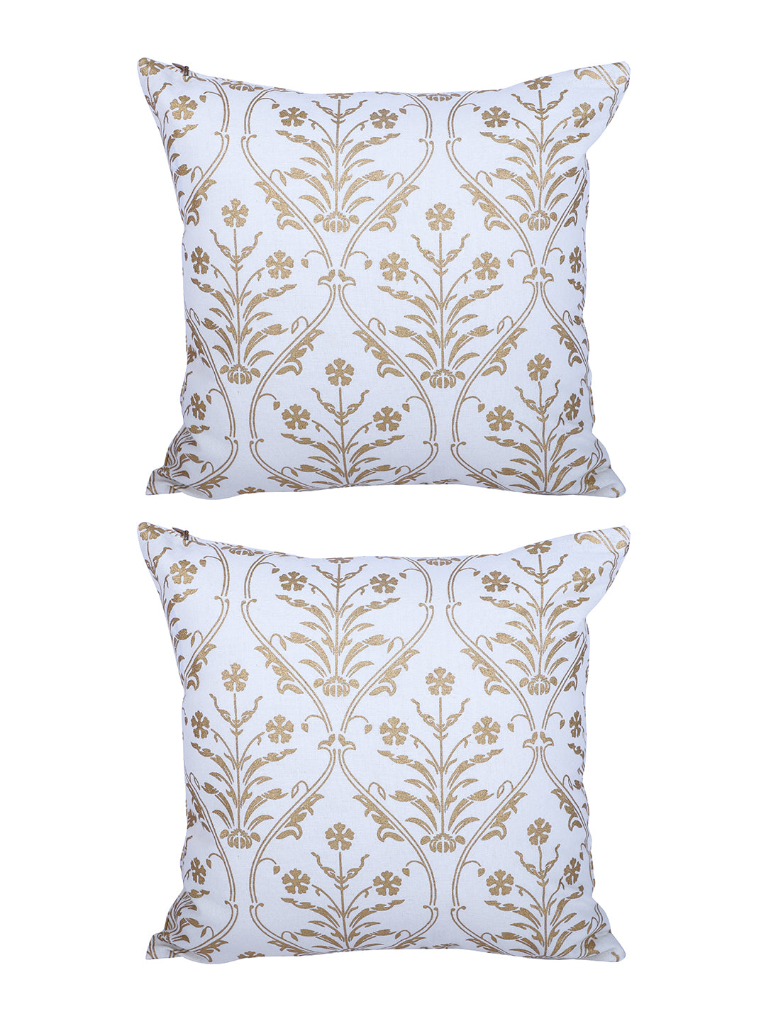 Rajasthan Décor Hand Block Floral White and Gold Cotton Cushion Cover set of 2 (12x12 inches)