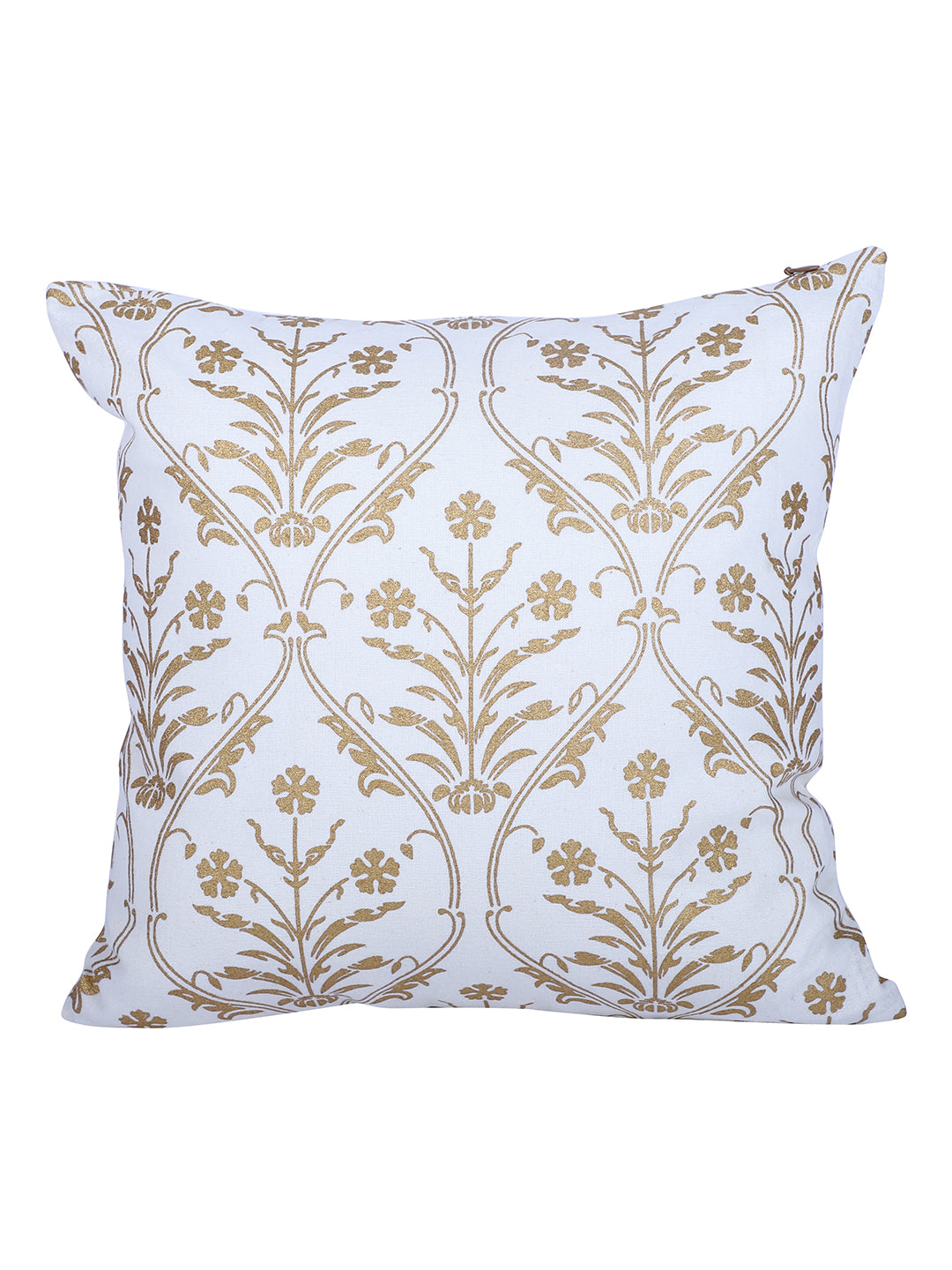 Rajasthan Décor Hand Block Floral White and Gold Cotton Cushion Cover set of 2 (12x12 inches)
