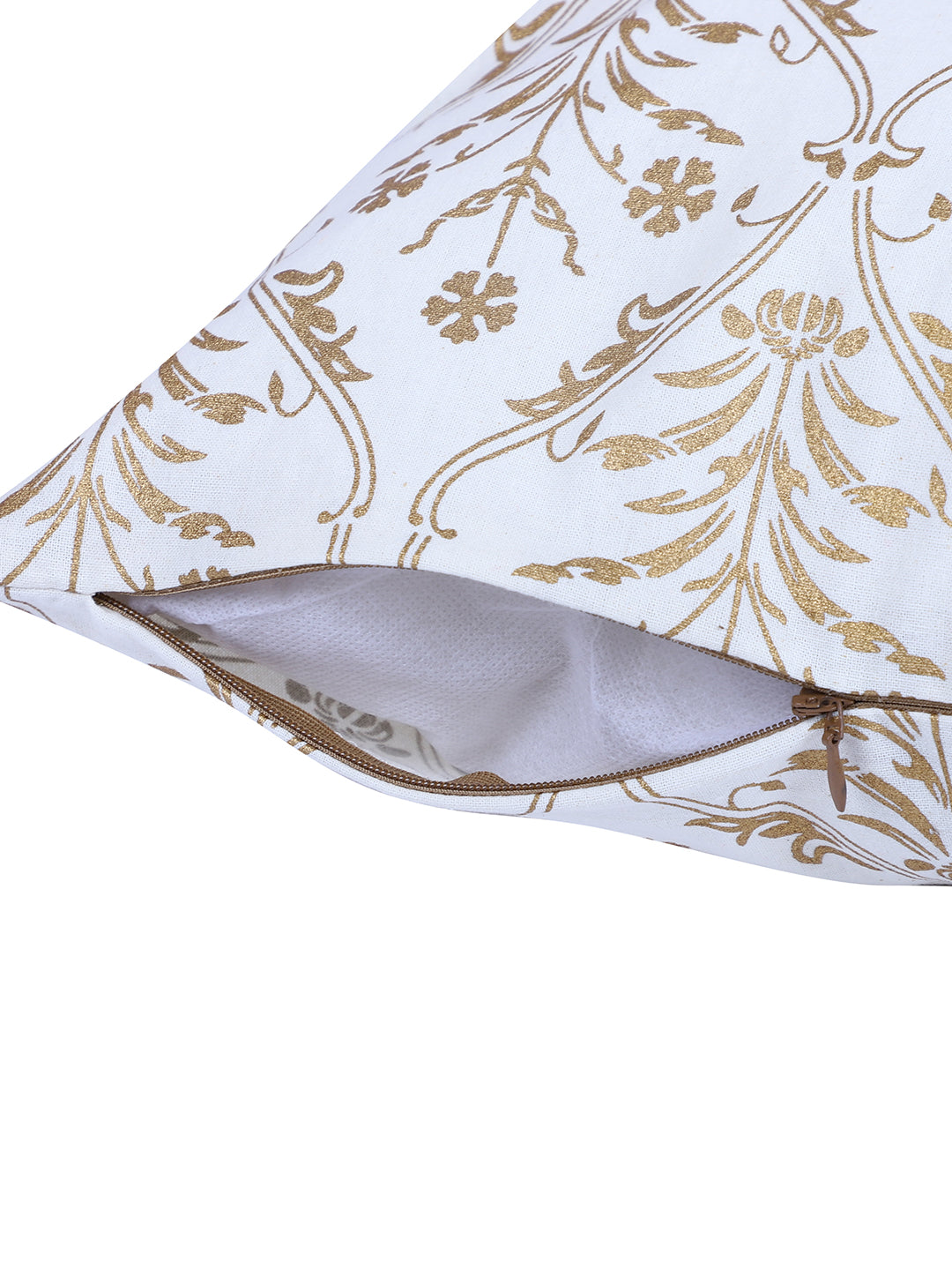 Rajasthan Décor Hand Block Floral White and Gold Cotton Cushion Cover set of 2 (12x12 inches)