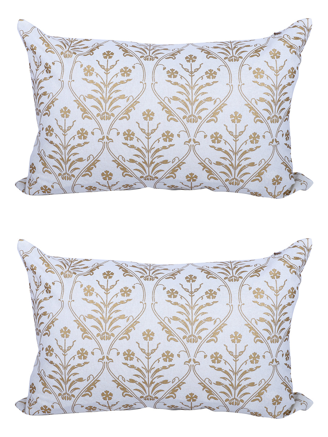 Rajasthan Décor Hand Block Floral White and Gold Cotton Cushion Cover set of 2 (12x18 inches)