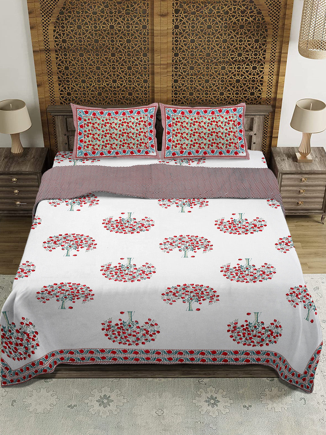Rajasthan Decor White and Peach Floral Print Reversible Jaipuri Double Bed Dohar