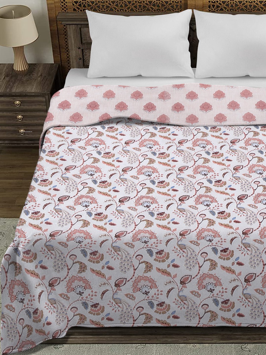 White and Pink Floral Printed 120 GSM Revesible Cotton Double Bed AC Dohar
