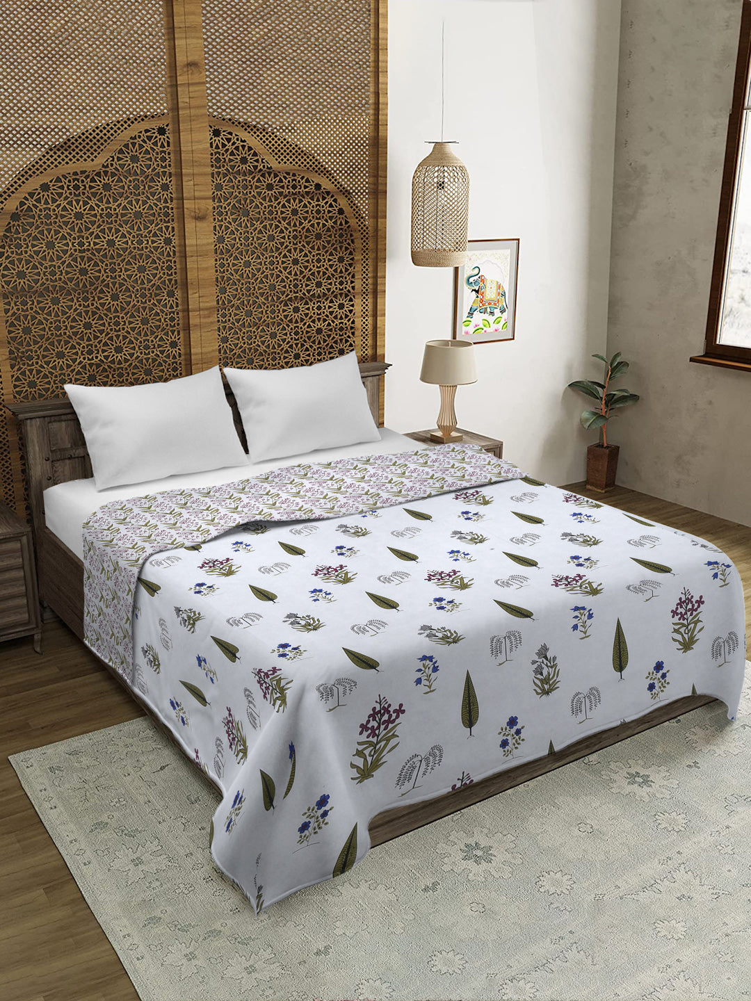 White Ethnic Printed 120 GSM Revesible Cotton Double Bed AC Dohar