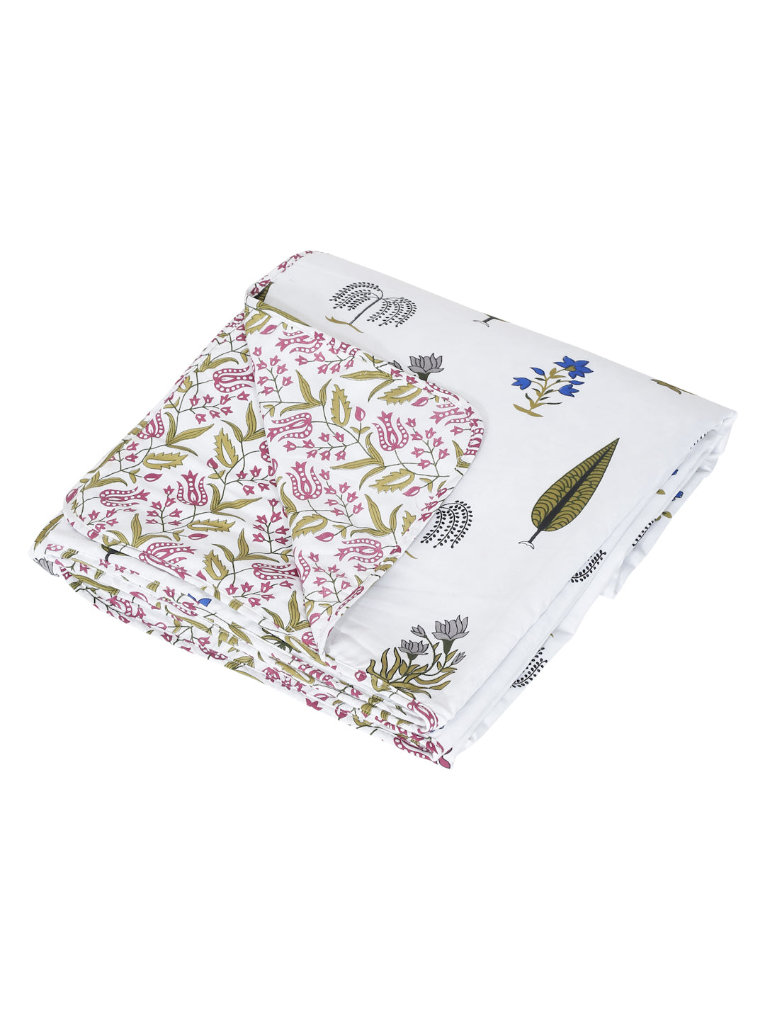 White Ethnic Printed 120 GSM Revesible Cotton Double Bed AC Dohar
