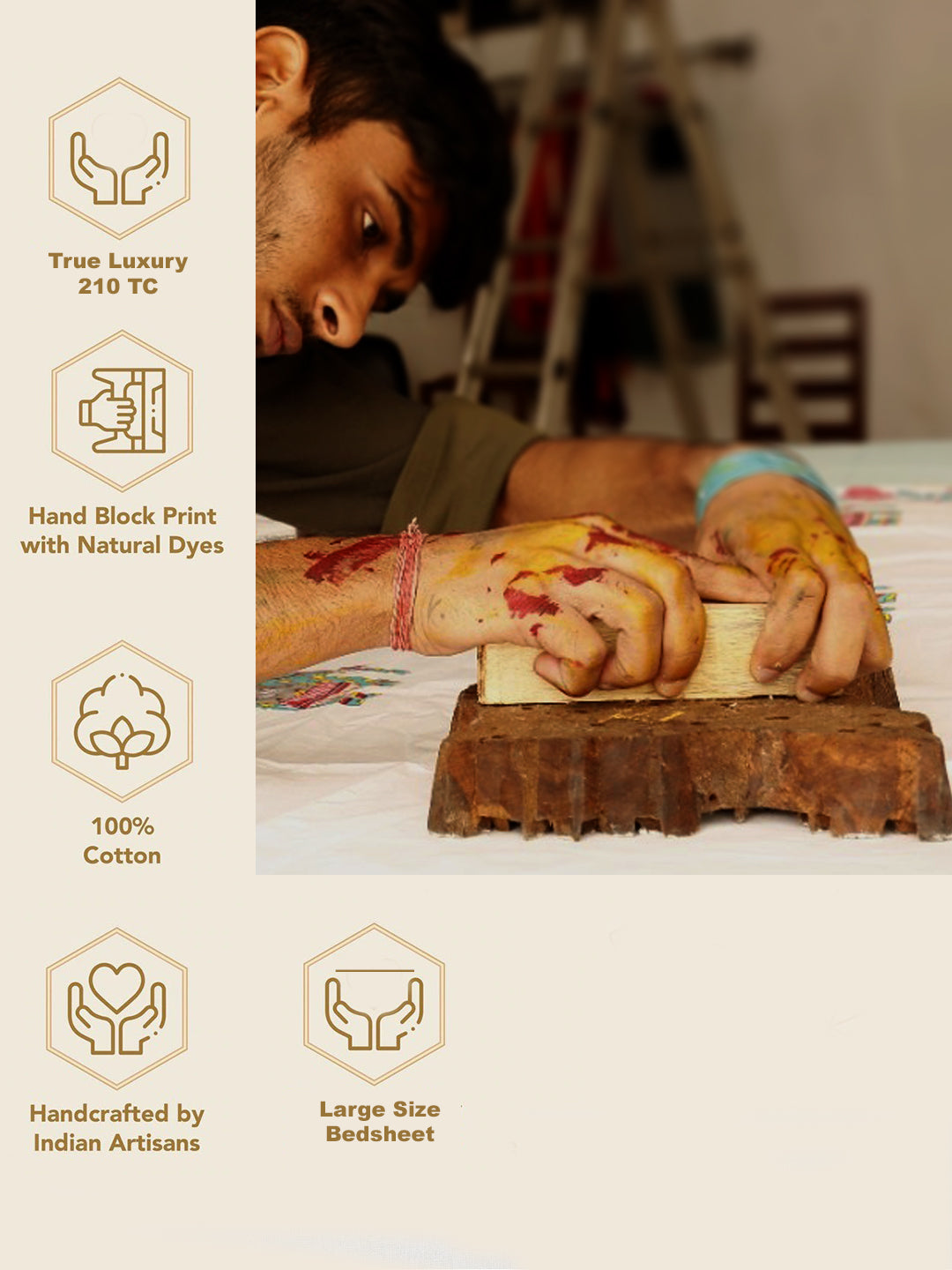 Rajasthan Decor 240 TC Percale Cotton Hand Block Cotton King Bedsheet with 2 Pillow Covers