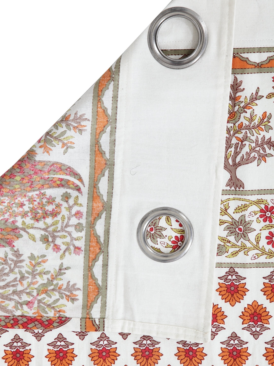 Rajsthan Décor Screen Print Cotton White and Orange Floral Long Door Curtain Single Pc (54x110 inch)
