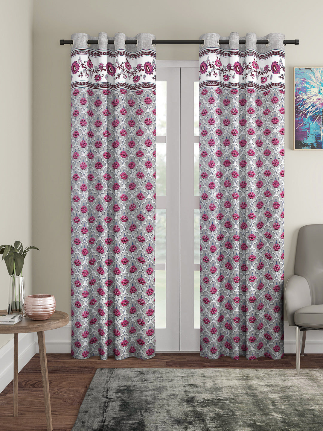 Rajsthan Décor Screen Print Cotton Grey Floral Long Door Curtain Set of 2 (54x110 inch)