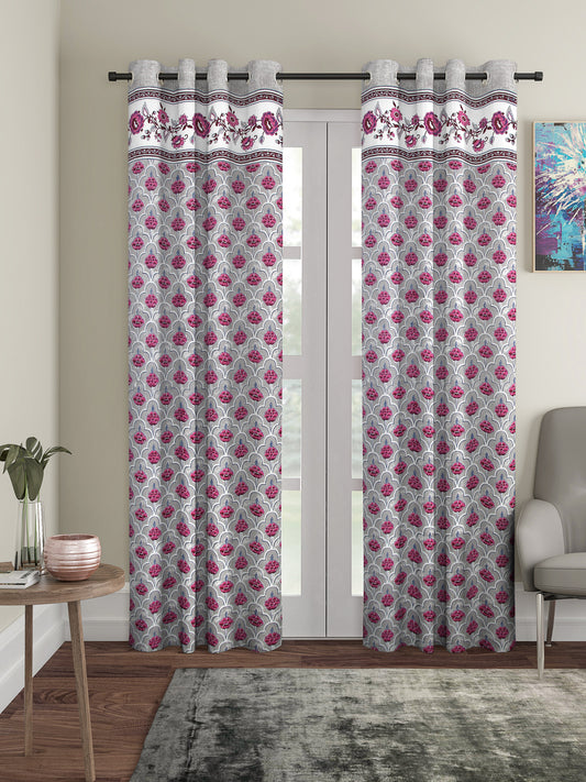 Rajsthan Décor Screen Print Cotton Grey Floral Long Door Curtain Set of 2 (54x110 inch)