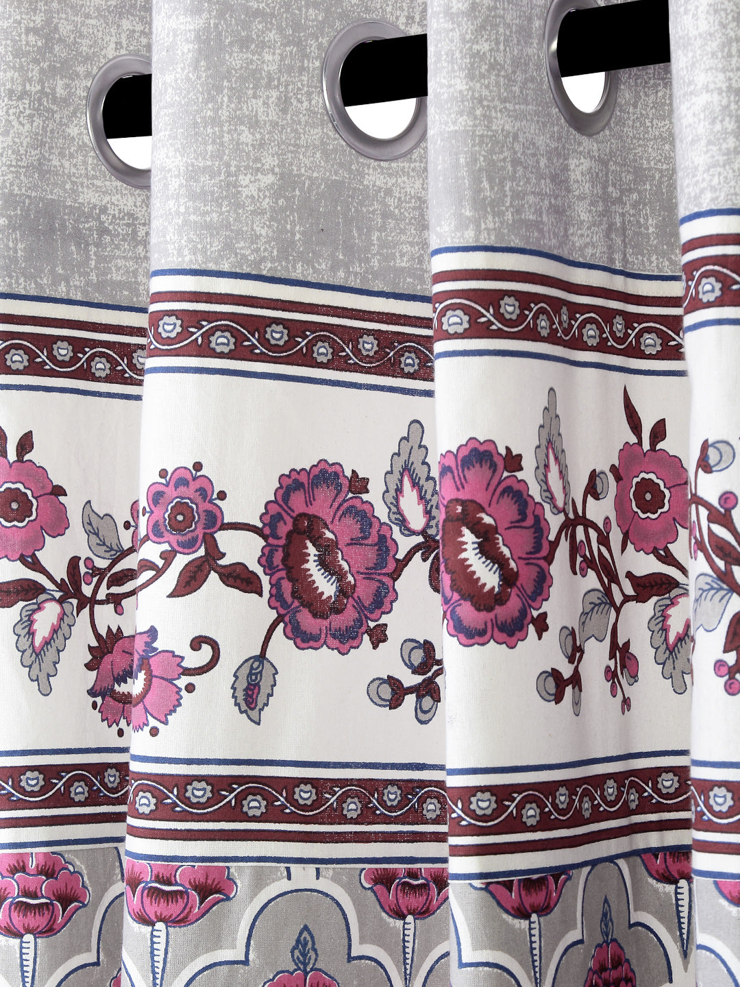 Rajsthan Décor Screen Print Cotton Grey Floral Long Door Curtain Set of 2 (54x110 inch)