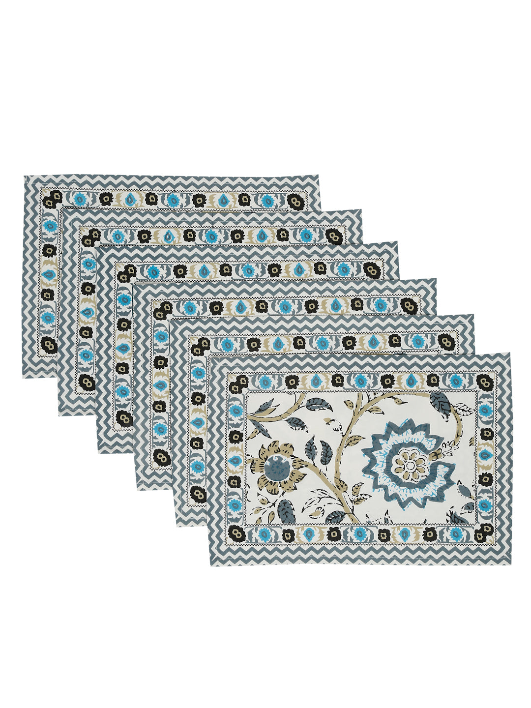 White and Green Set of 7 Cotton Printed Table Mat and Runner