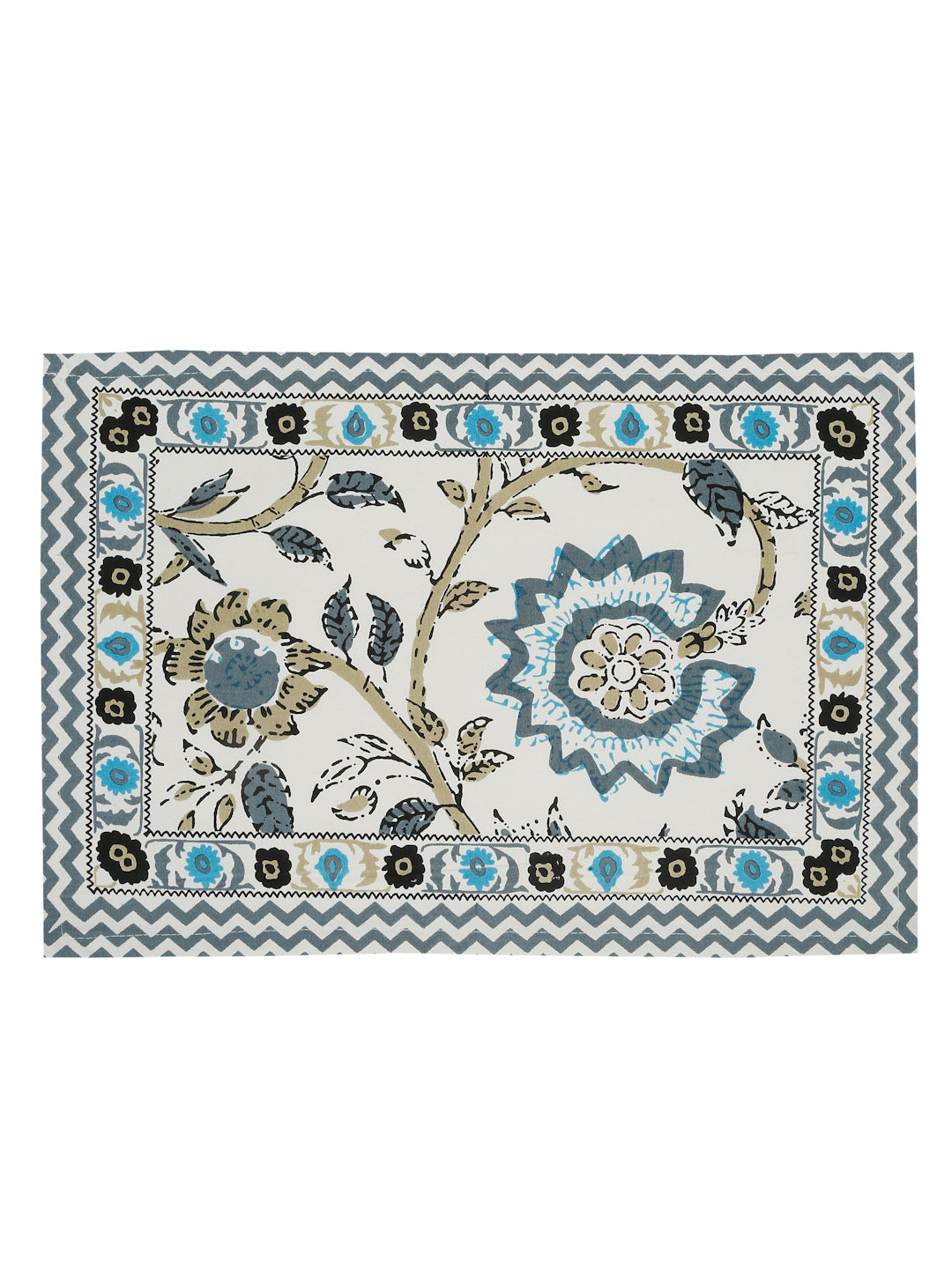 White and Green Set of 7 Cotton Printed Table Mat and Runner