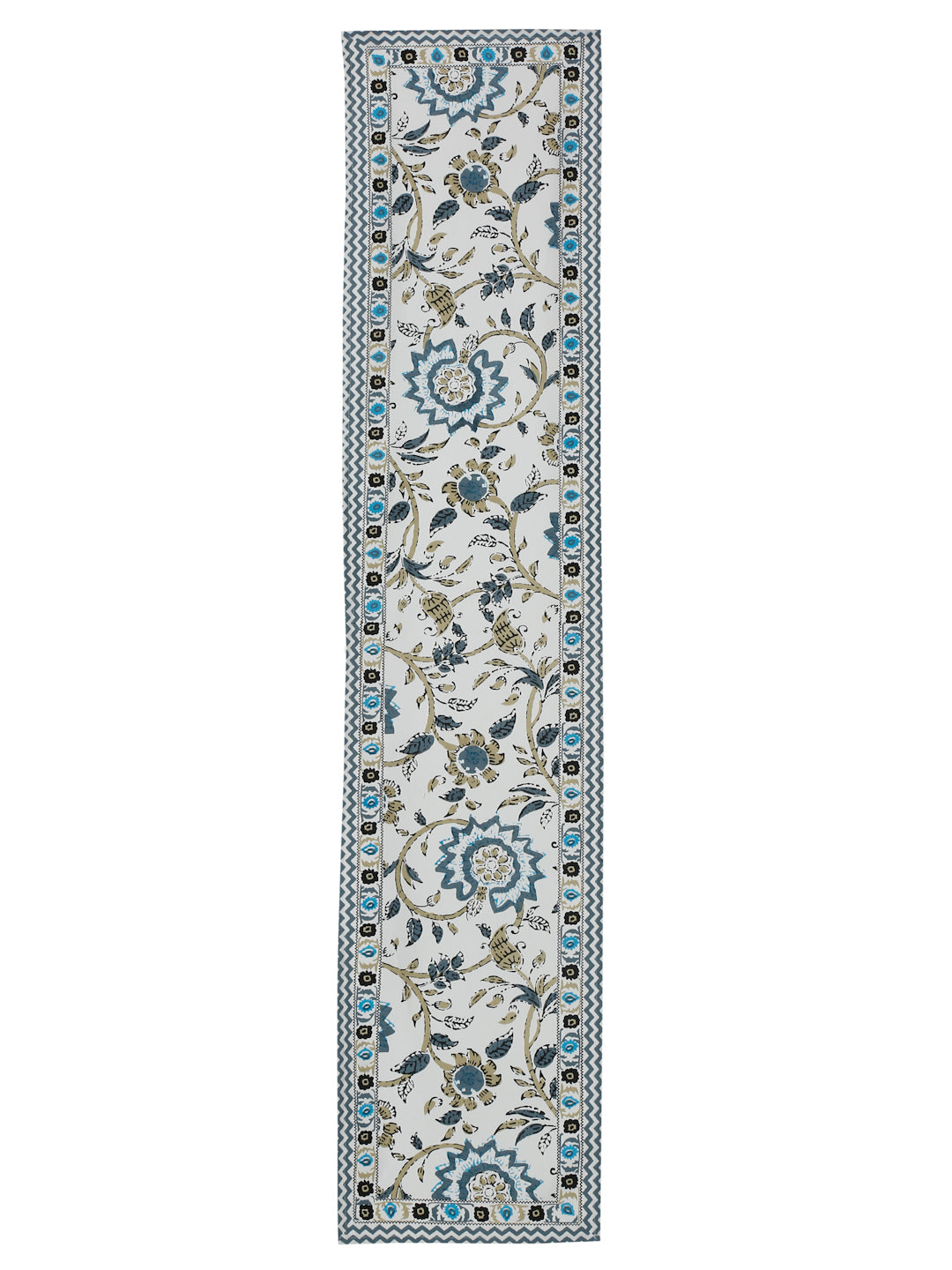 White and Green Set of 7 Cotton Printed Table Mat and Runner