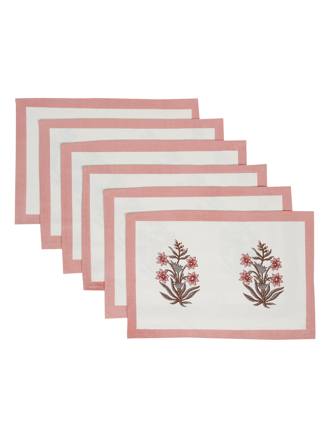 White and Pink Set of 7 Cotton Printed Table Mat and Runner