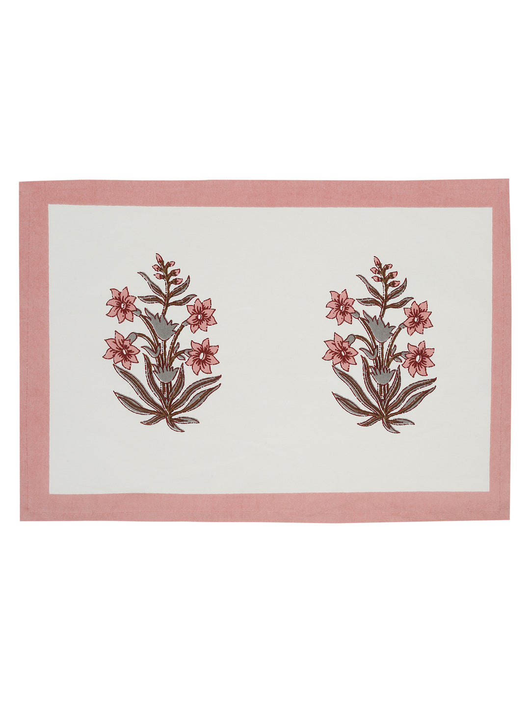 White and Pink Set of 7 Cotton Printed Table Mat and Runner
