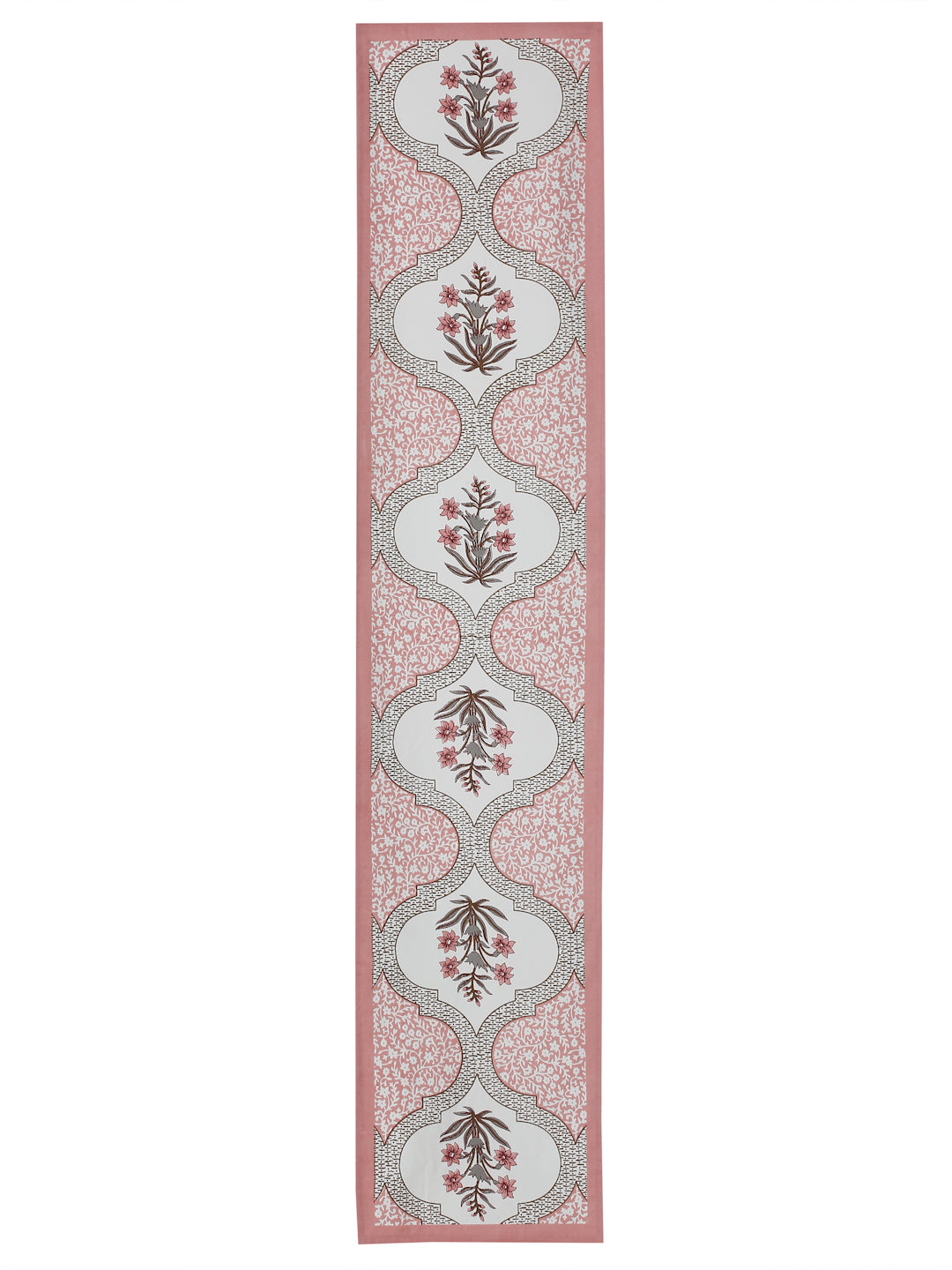 White and Pink Set of 7 Cotton Printed Table Mat and Runner