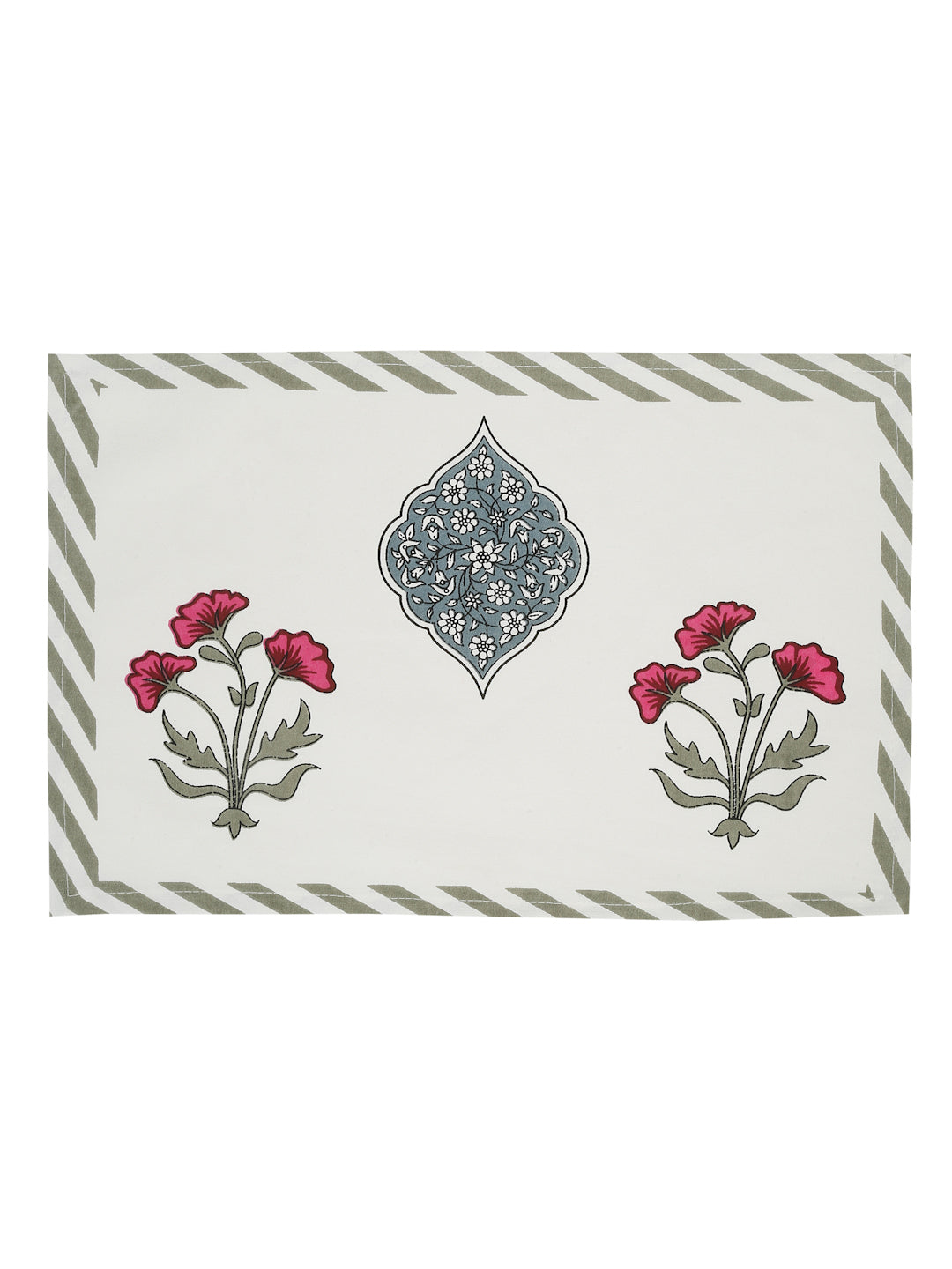 White and Green Set of 7 Cotton Floral Printed Table Mat and Runner