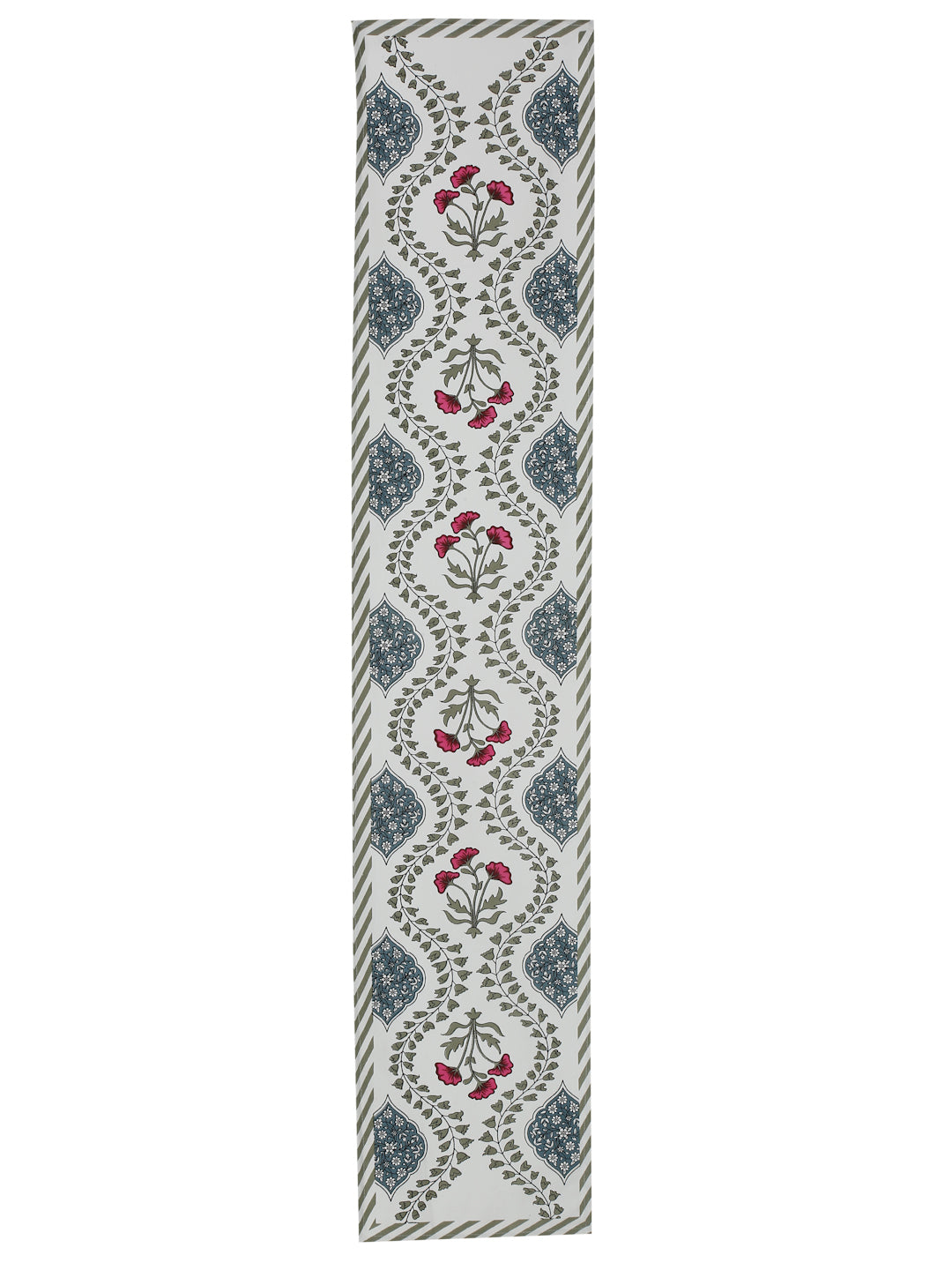 White and Green Set of 7 Cotton Floral Printed Table Mat and Runner