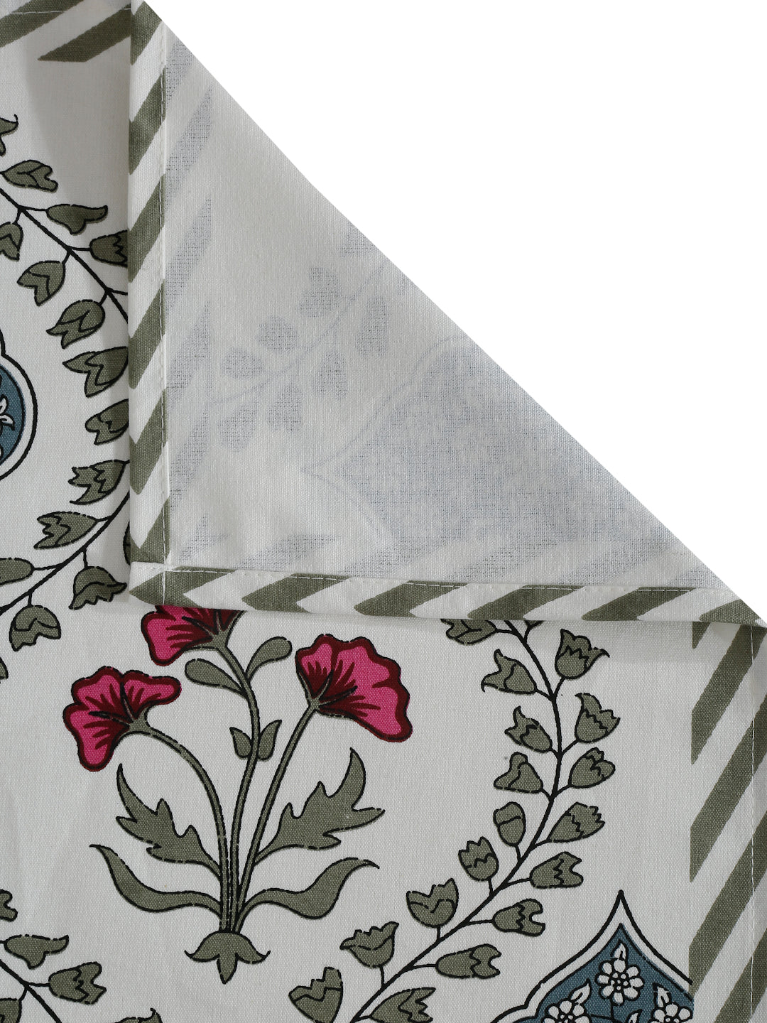 White and Green Set of 7 Cotton Floral Printed Table Mat and Runner