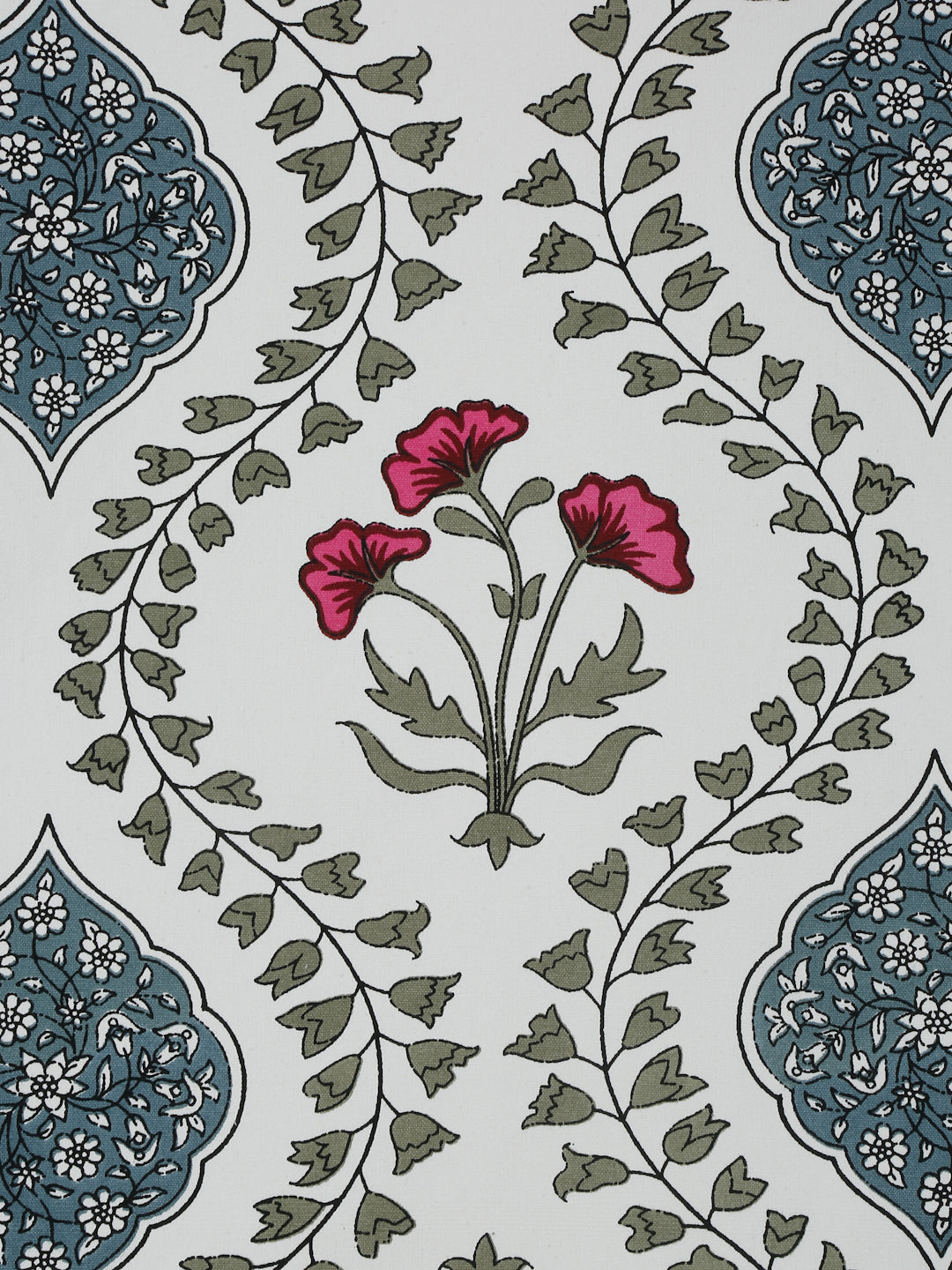 White and Green Set of 7 Cotton Floral Printed Table Mat and Runner