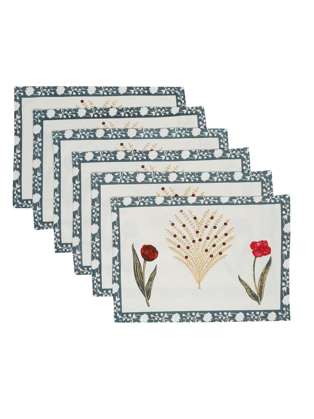 White and Yellow Set of 7 Cotton Printed Table Mat and Runner