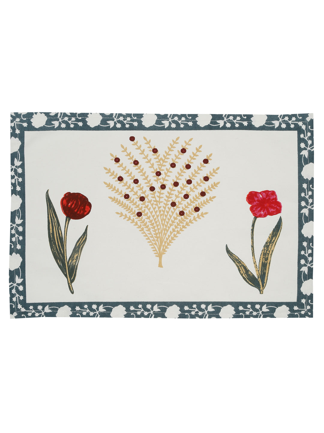 White and Yellow Set of 7 Cotton Printed Table Mat and Runner