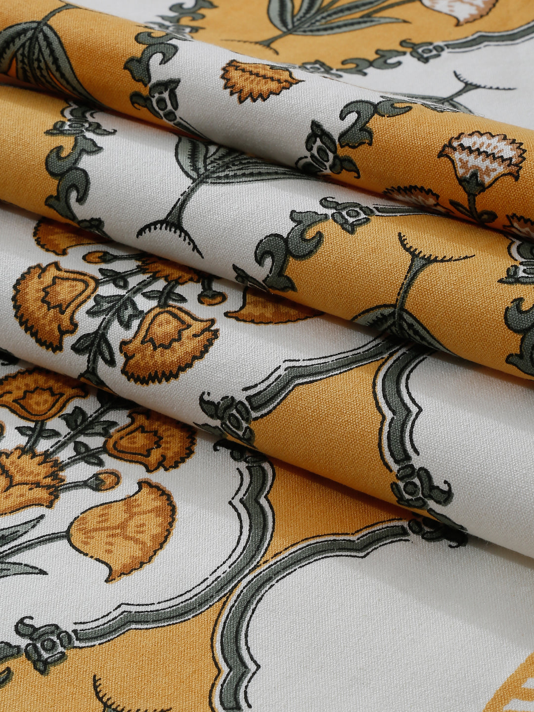 White and Yellow Set of 7 Cotton Printed Floral Table Mat and Runner