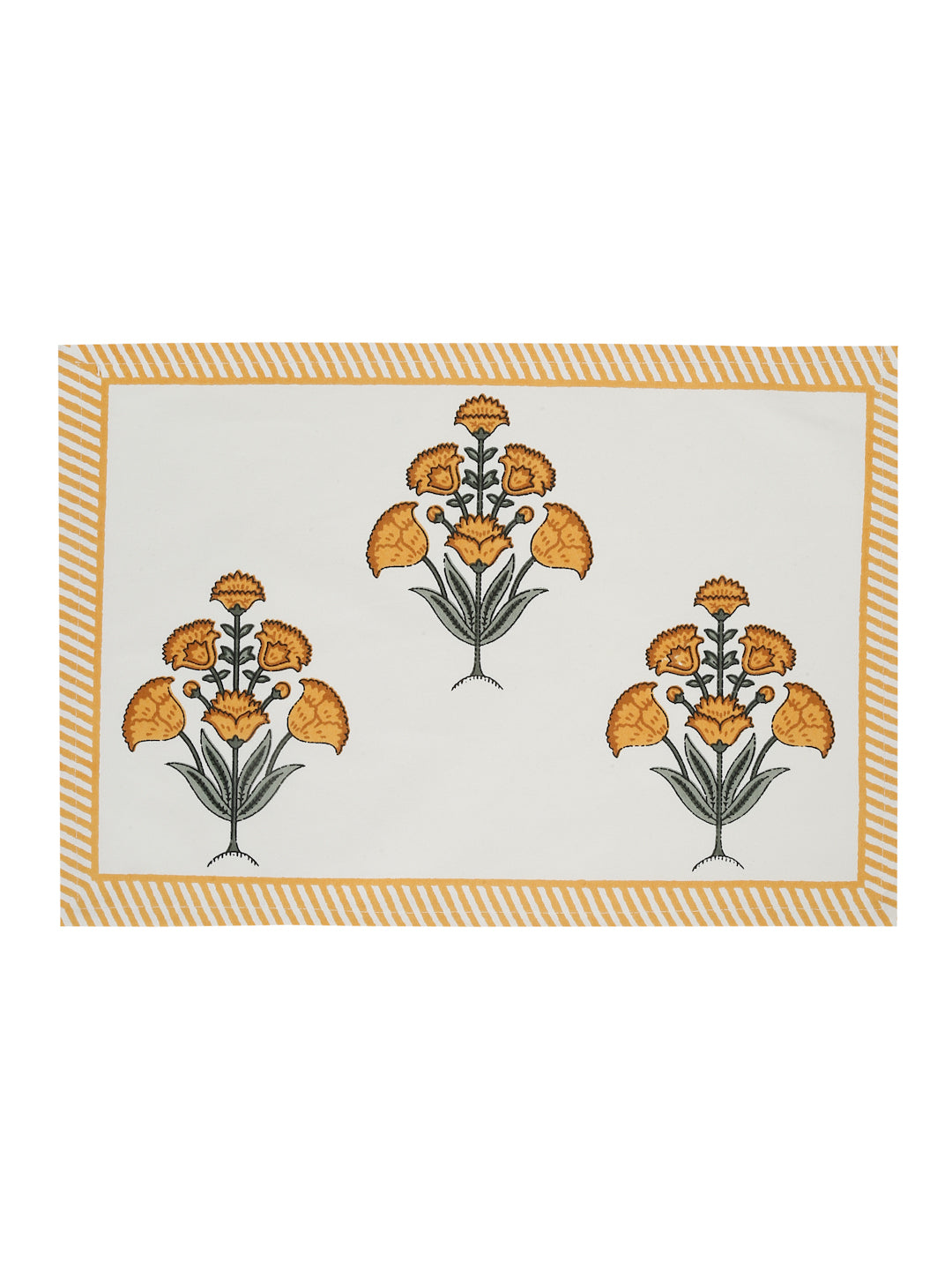 White and Yellow Set of 7 Cotton Printed Floral Table Mat and Runner