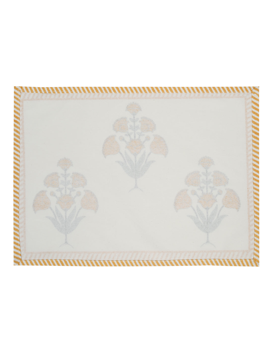 White and Yellow Set of 7 Cotton Printed Floral Table Mat and Runner