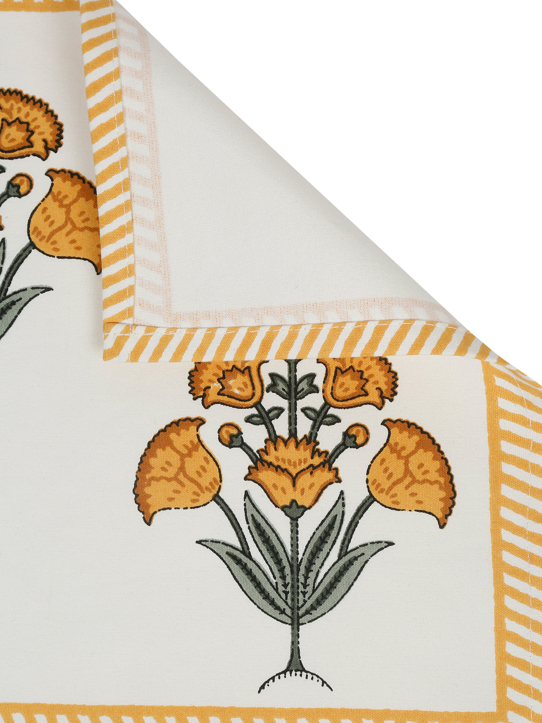 White and Yellow Set of 7 Cotton Printed Floral Table Mat and Runner