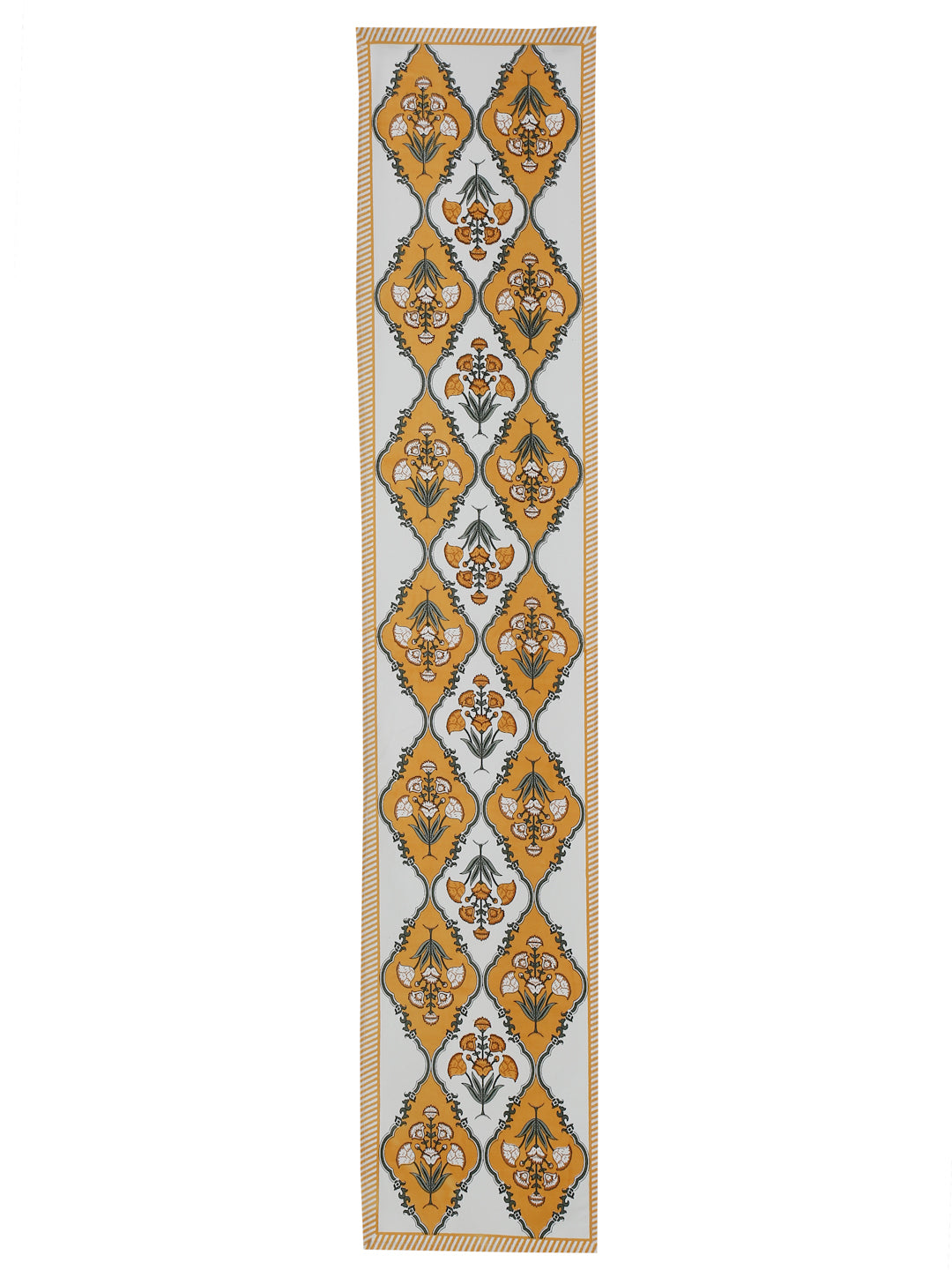 White and Yellow Set of 7 Cotton Printed Floral Table Mat and Runner