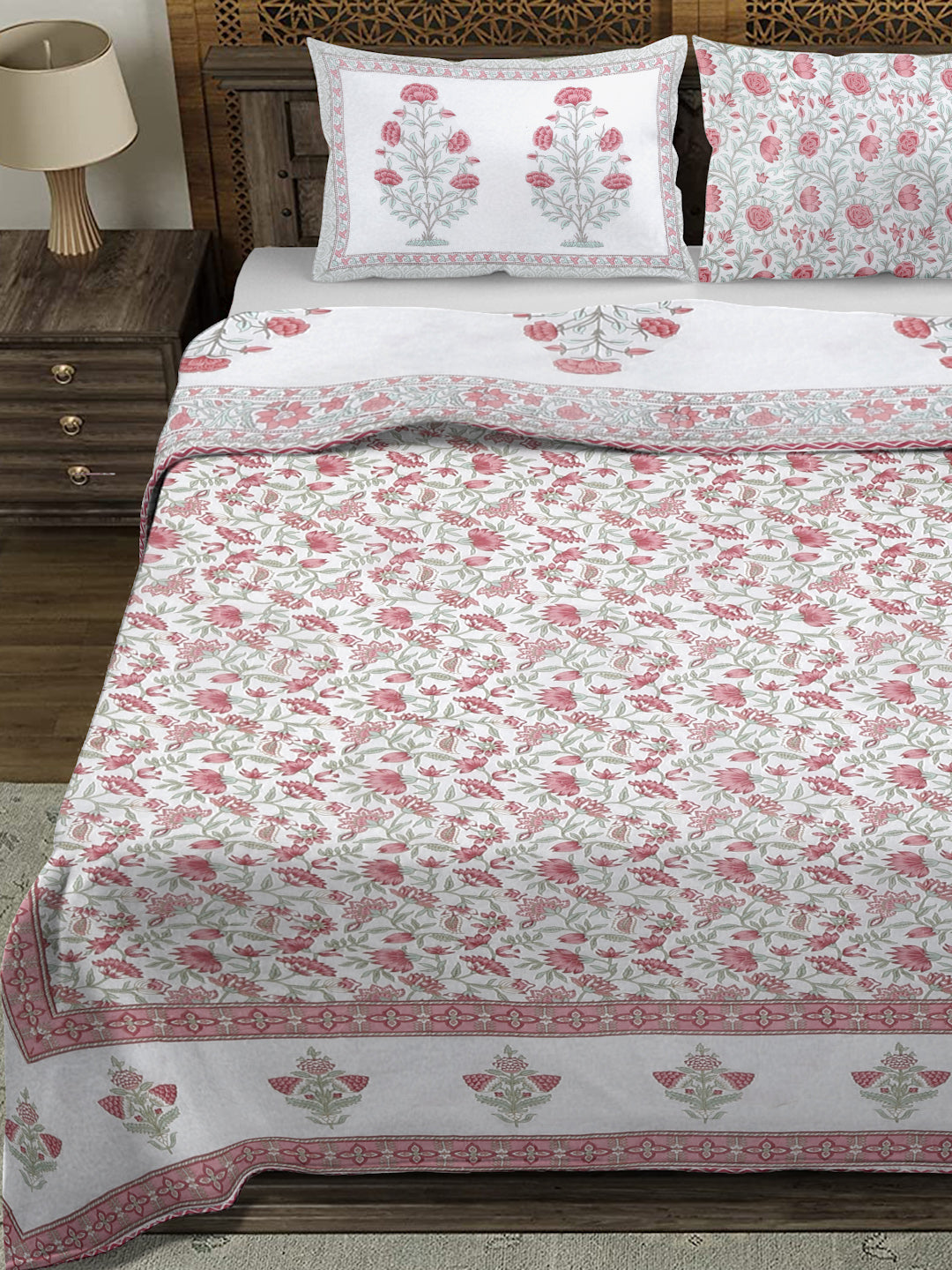 Rajasthan Decor White and Pink Cotton Double Bed Quilted Bed Spread with 2 Pillow Covers