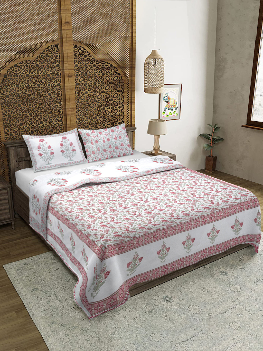 Rajasthan Decor White and Pink Cotton Double Bed Quilted Bed Spread with 2 Pillow Covers