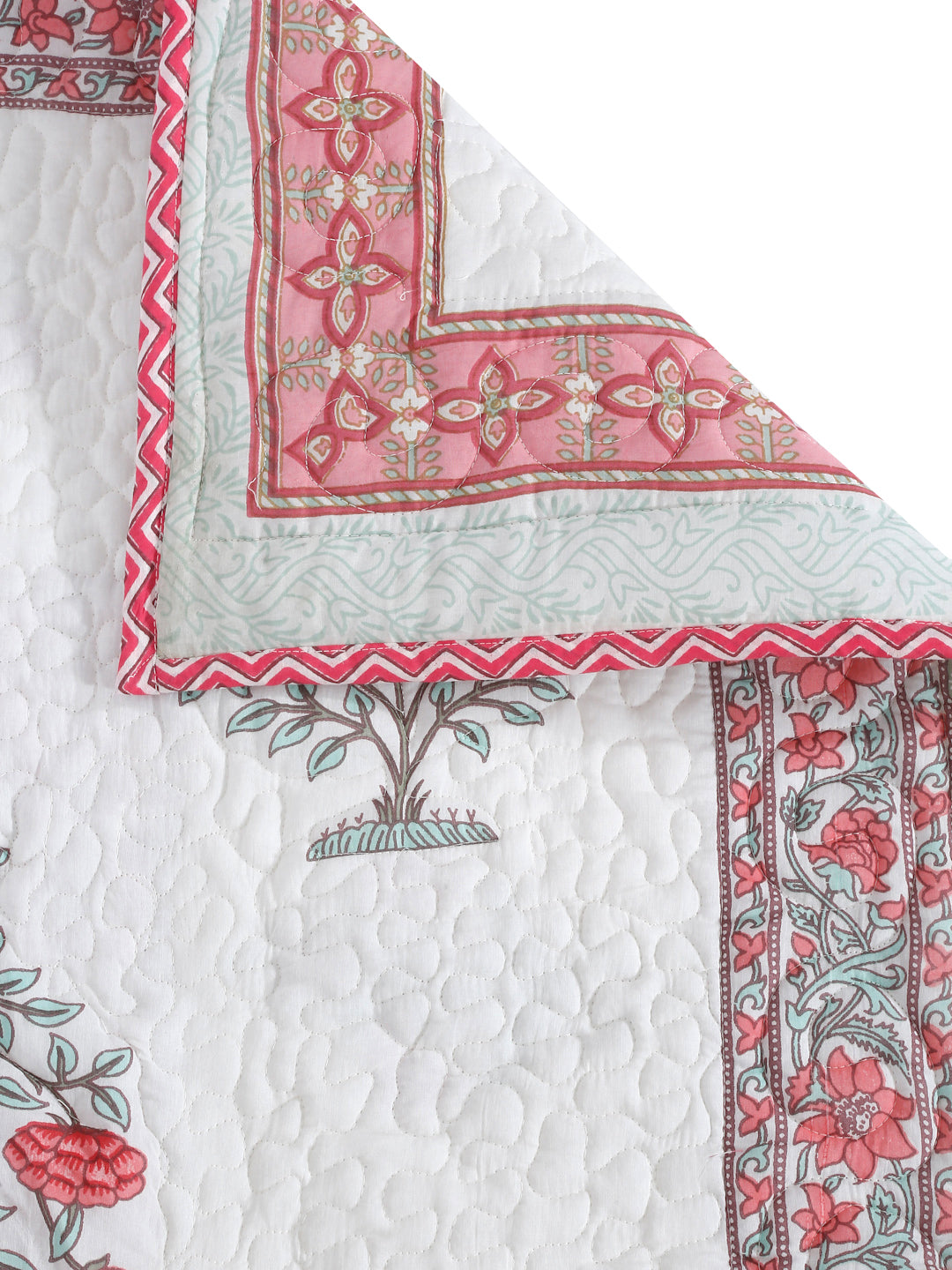 Rajasthan Decor White and Pink Cotton Double Bed Quilted Bed Spread with 2 Pillow Covers