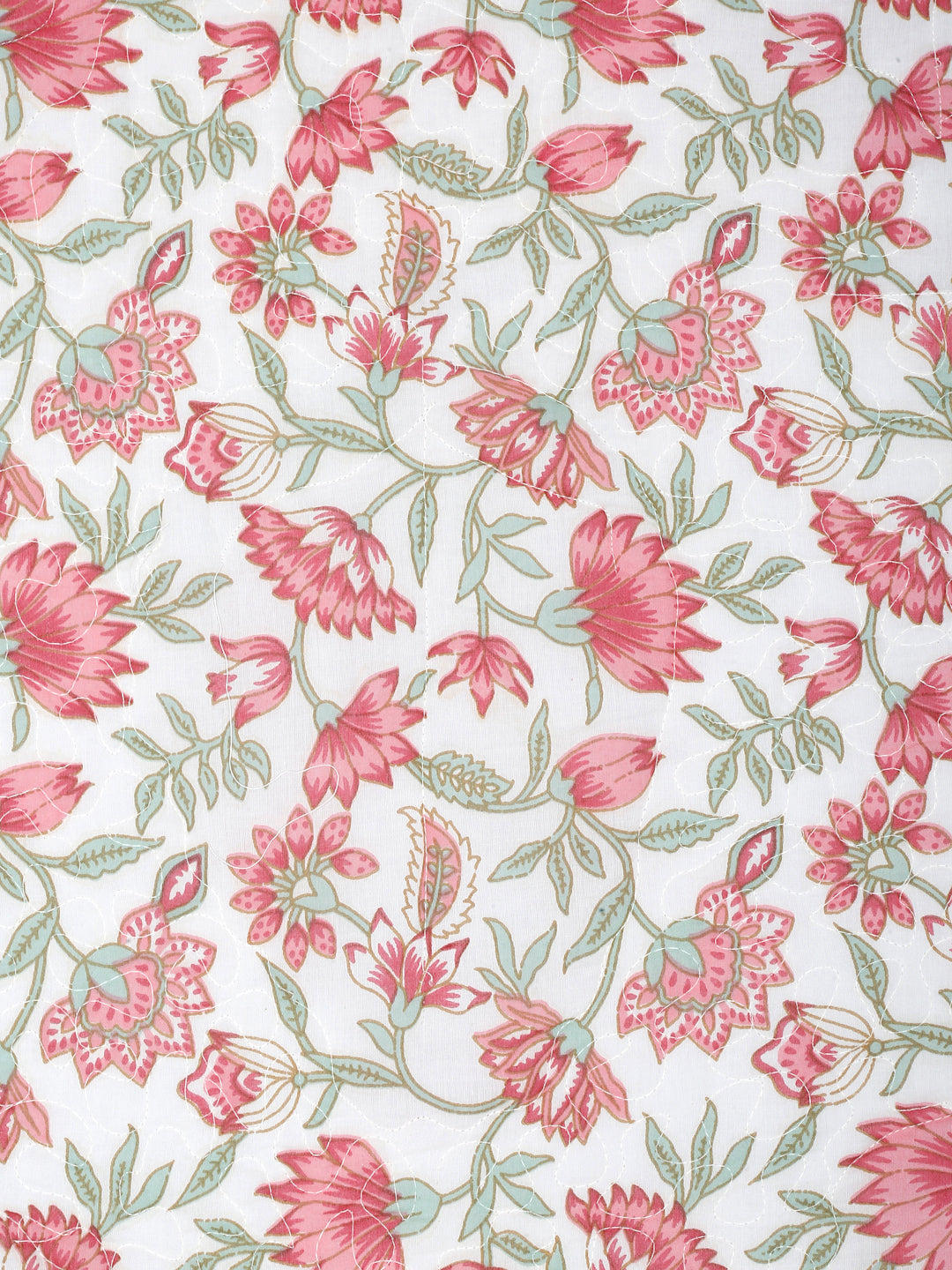 Rajasthan Decor White and Pink Cotton Double Bed Quilted Bed Spread with 2 Pillow Covers