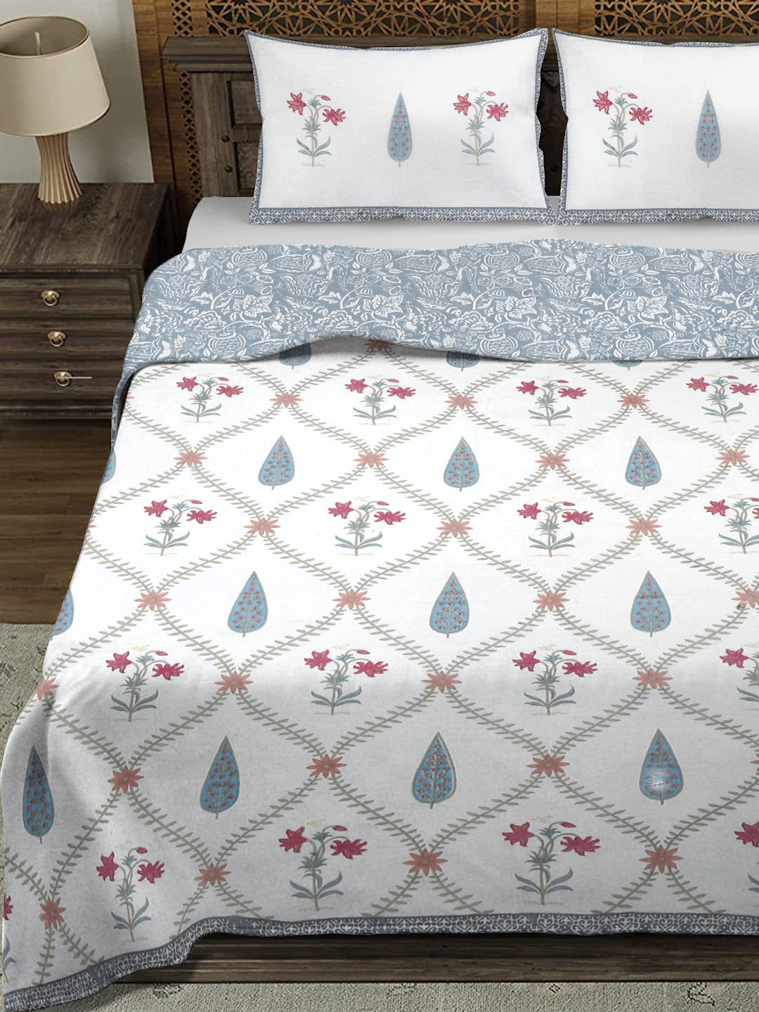 Rajasthan Decor White and Grey Cotton Double Bed Quilted Bed Spread with 2 Pillow Covers