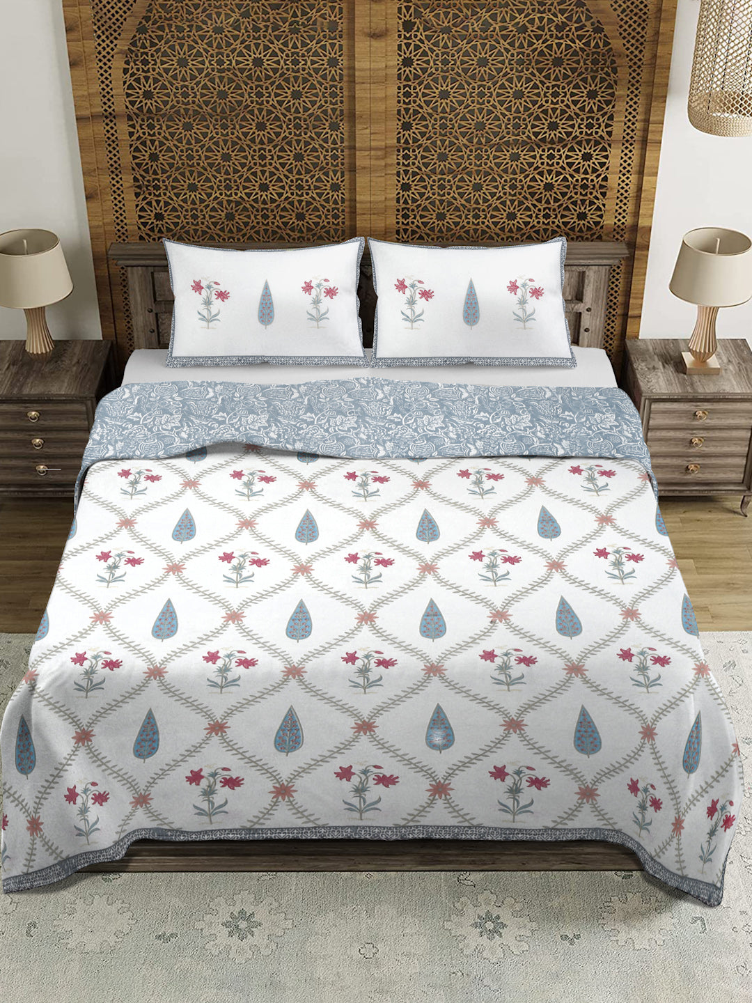 Rajasthan Decor White and Grey Cotton Double Bed Quilted Bed Spread with 2 Pillow Covers