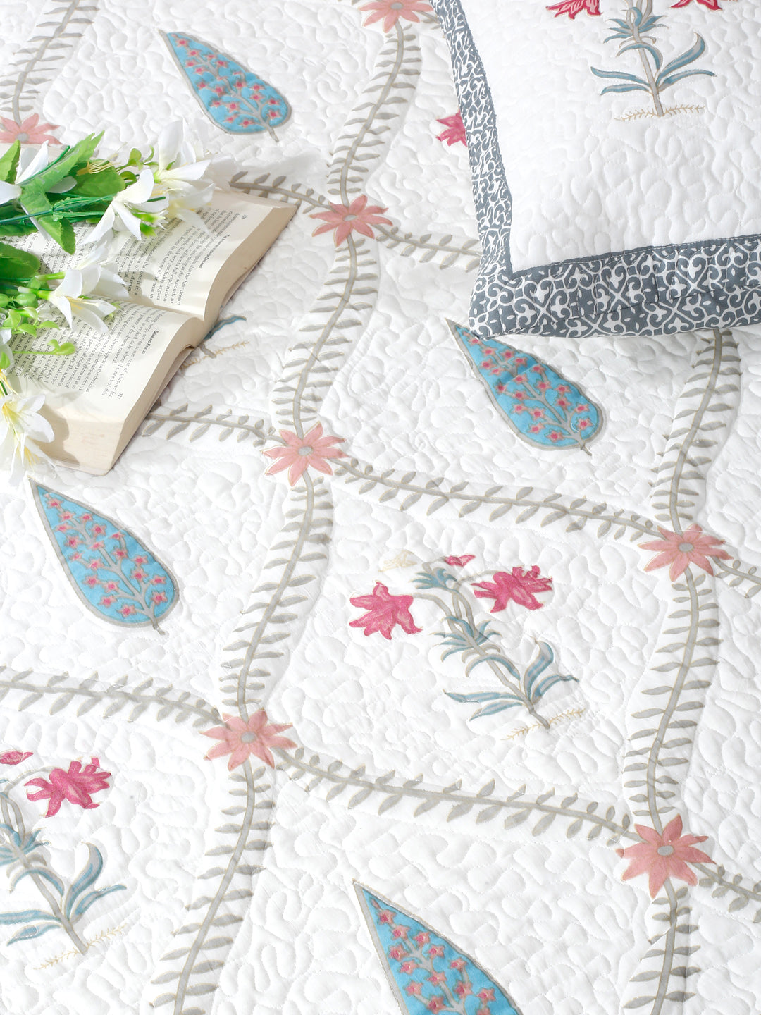 Rajasthan Decor White and Grey Cotton Double Bed Quilted Bed Spread with 2 Pillow Covers