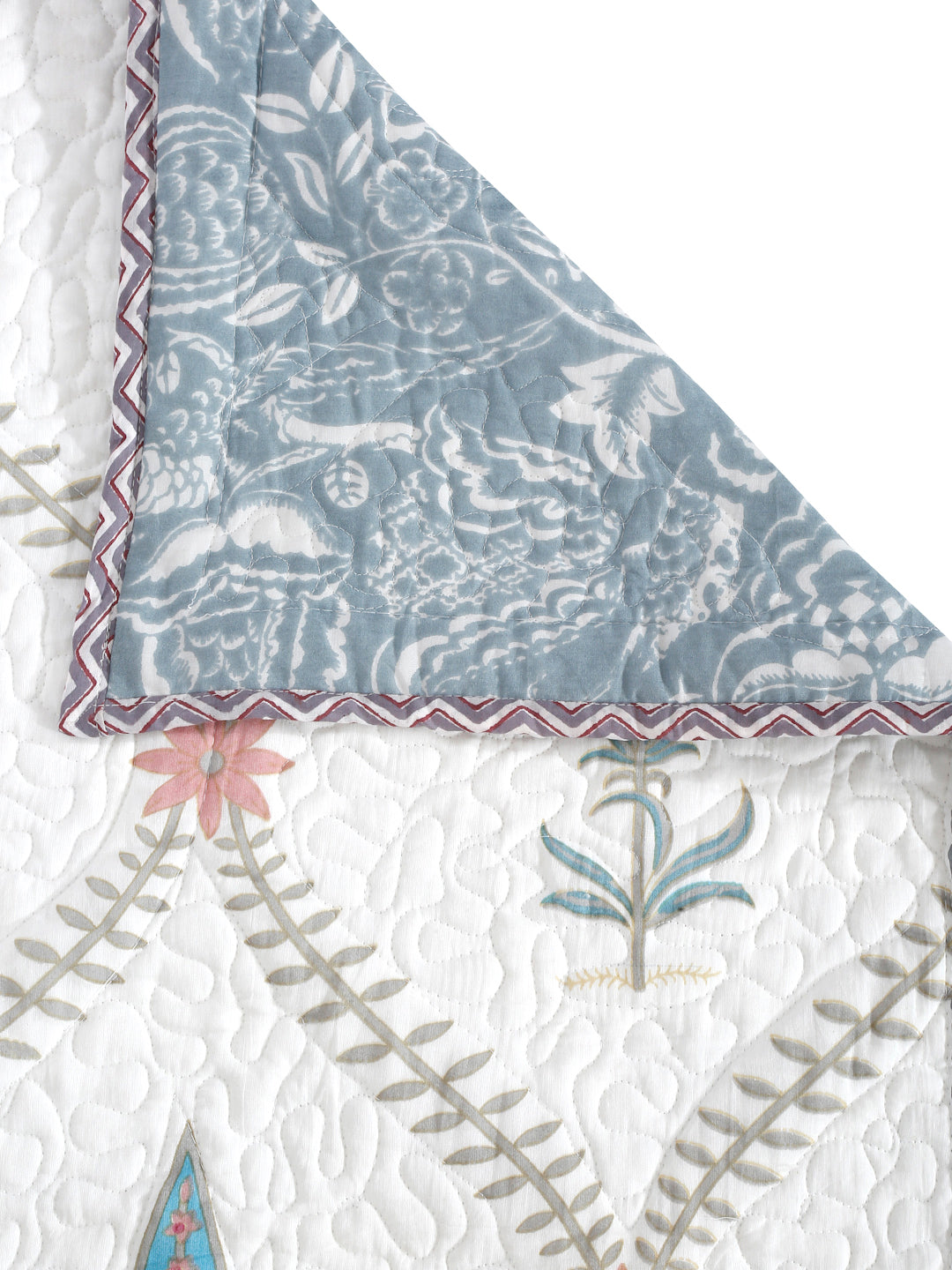 Rajasthan Decor White and Grey Cotton Double Bed Quilted Bed Spread with 2 Pillow Covers