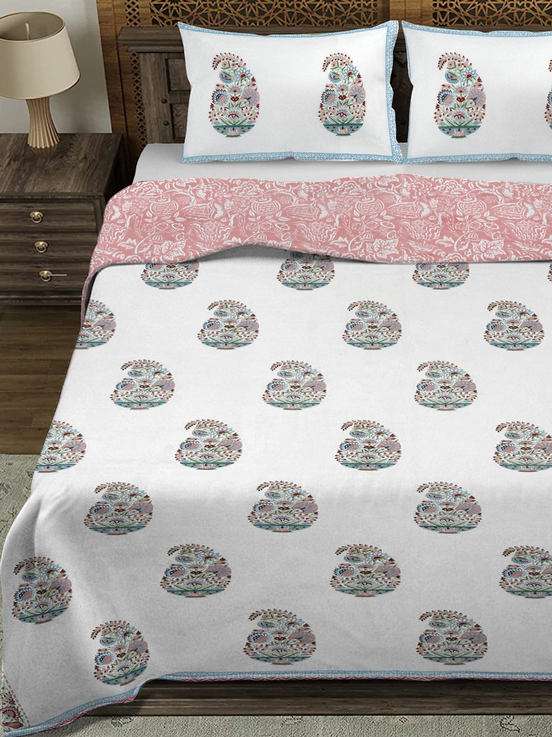 Rajasthan Decor White and Peach Cotton Double Bed Quilted Bed Spread with 2 Pillow Covers