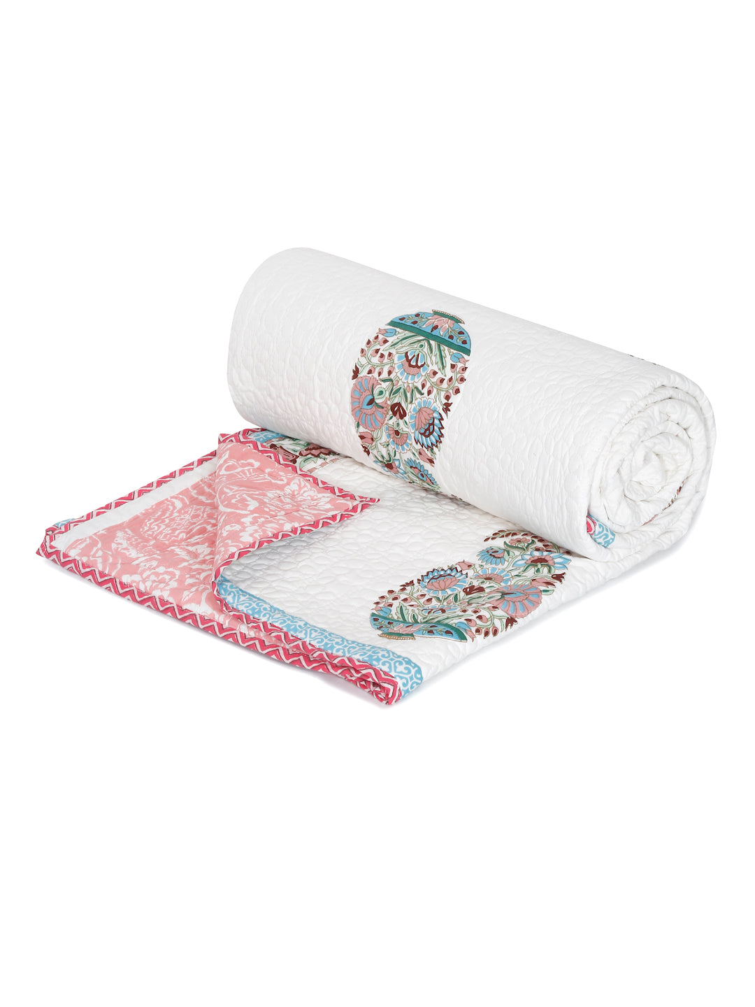 Rajasthan Decor White and Peach Cotton Double Bed Quilted Bed Spread with 2 Pillow Covers