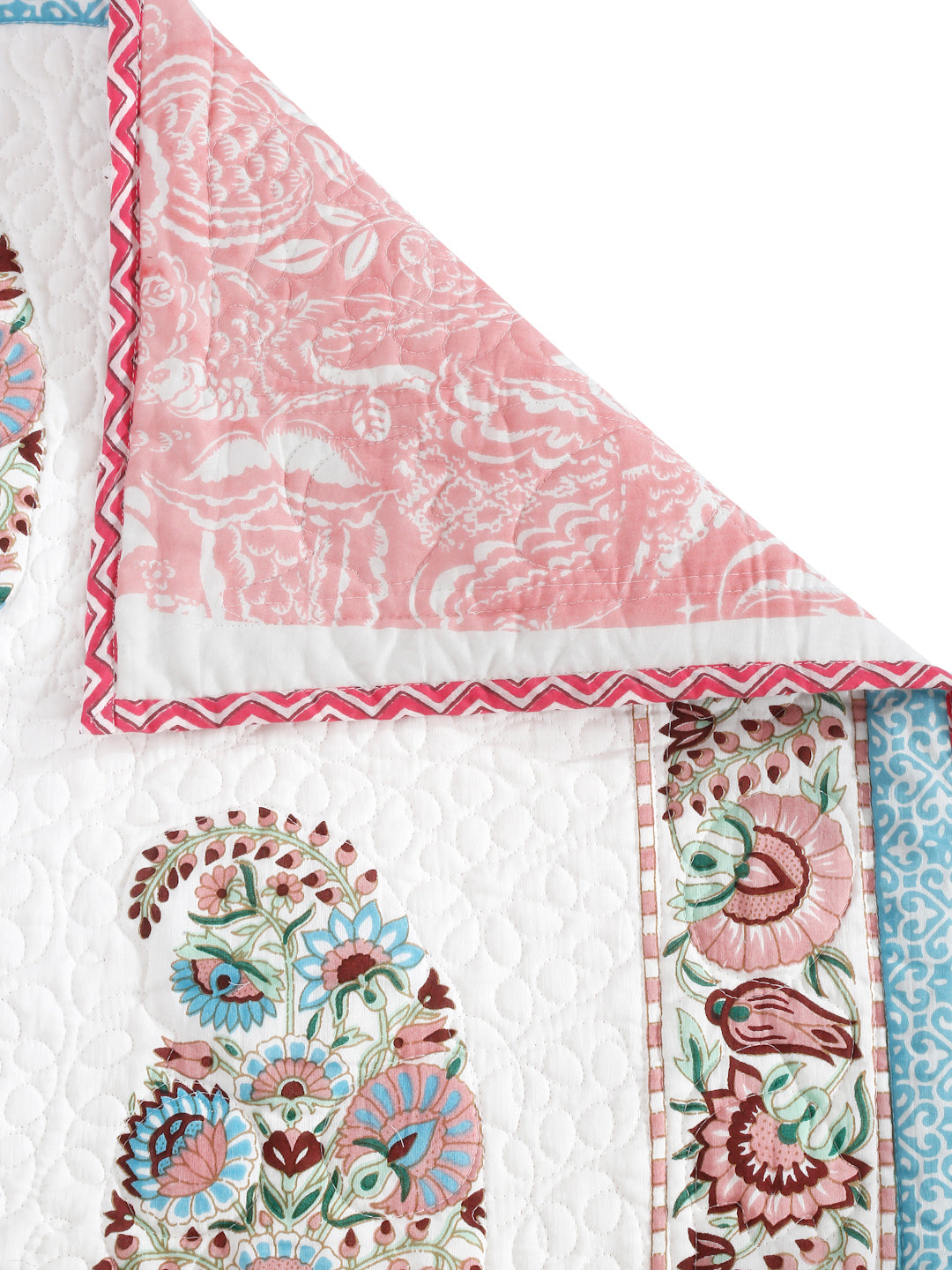 Rajasthan Decor White and Peach Cotton Double Bed Quilted Bed Spread with 2 Pillow Covers