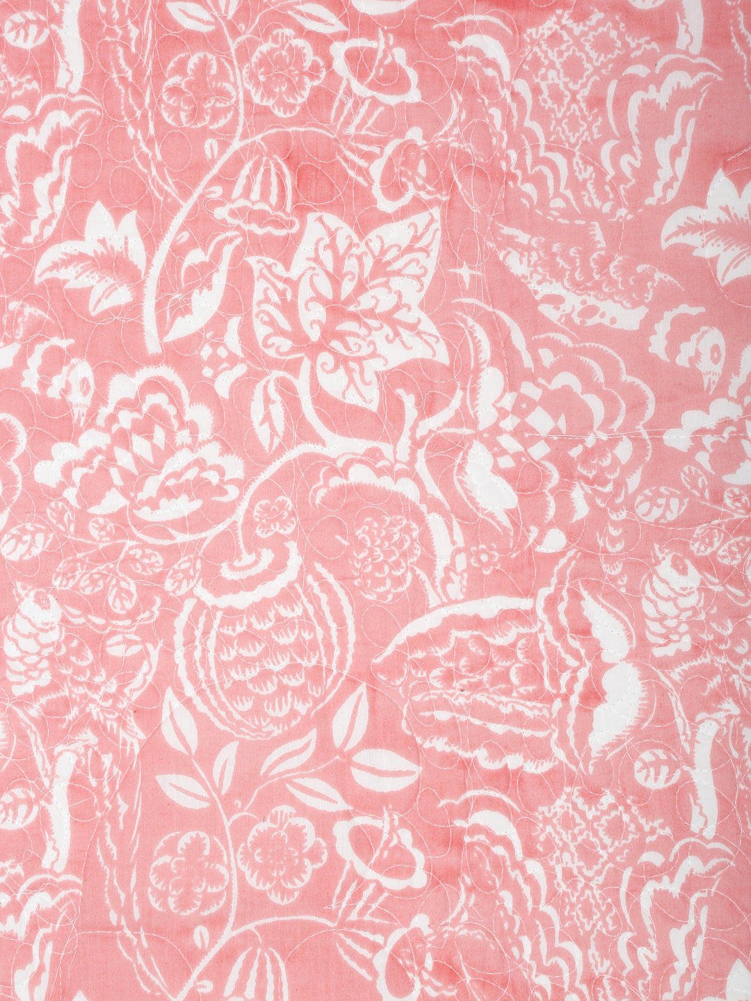 Rajasthan Decor White and Peach Cotton Double Bed Quilted Bed Spread with 2 Pillow Covers