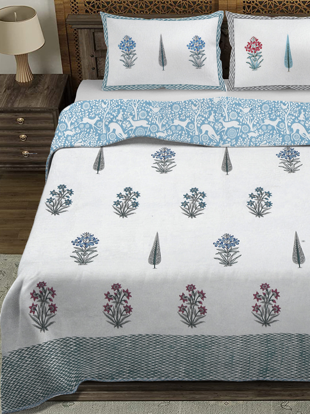 Rajasthan Decor White and Aqua Cotton Double Bed Quilted Bed Spread with 2 Pillow Covers