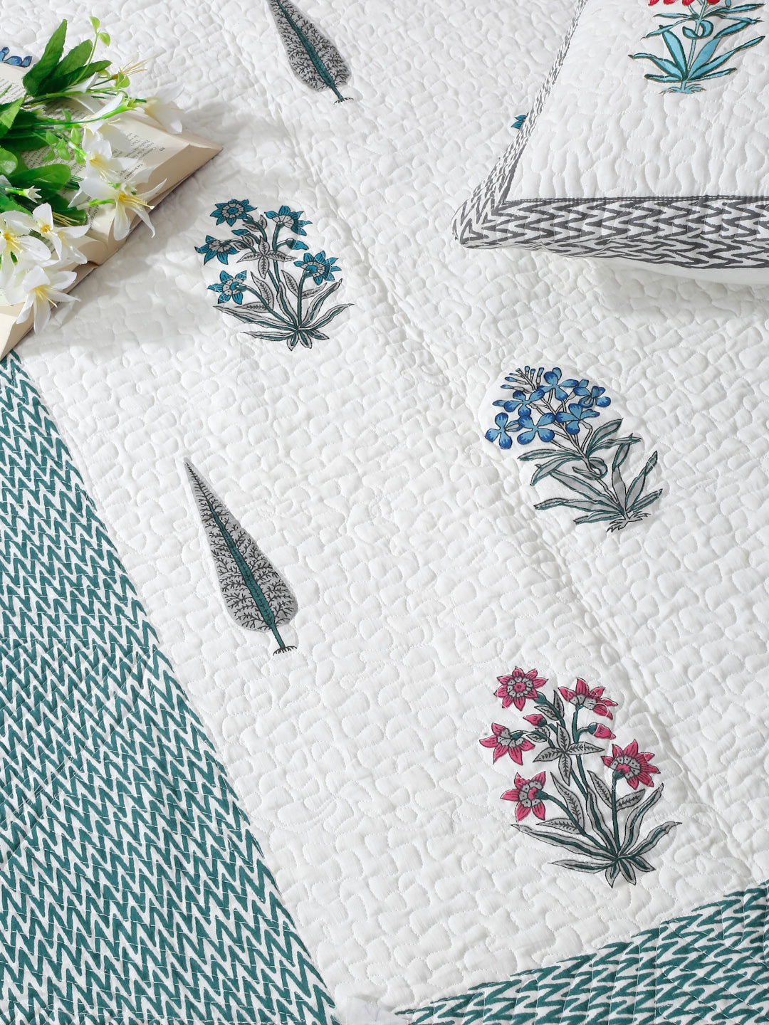 Rajasthan Decor White and Aqua Cotton Double Bed Quilted Bed Spread with 2 Pillow Covers