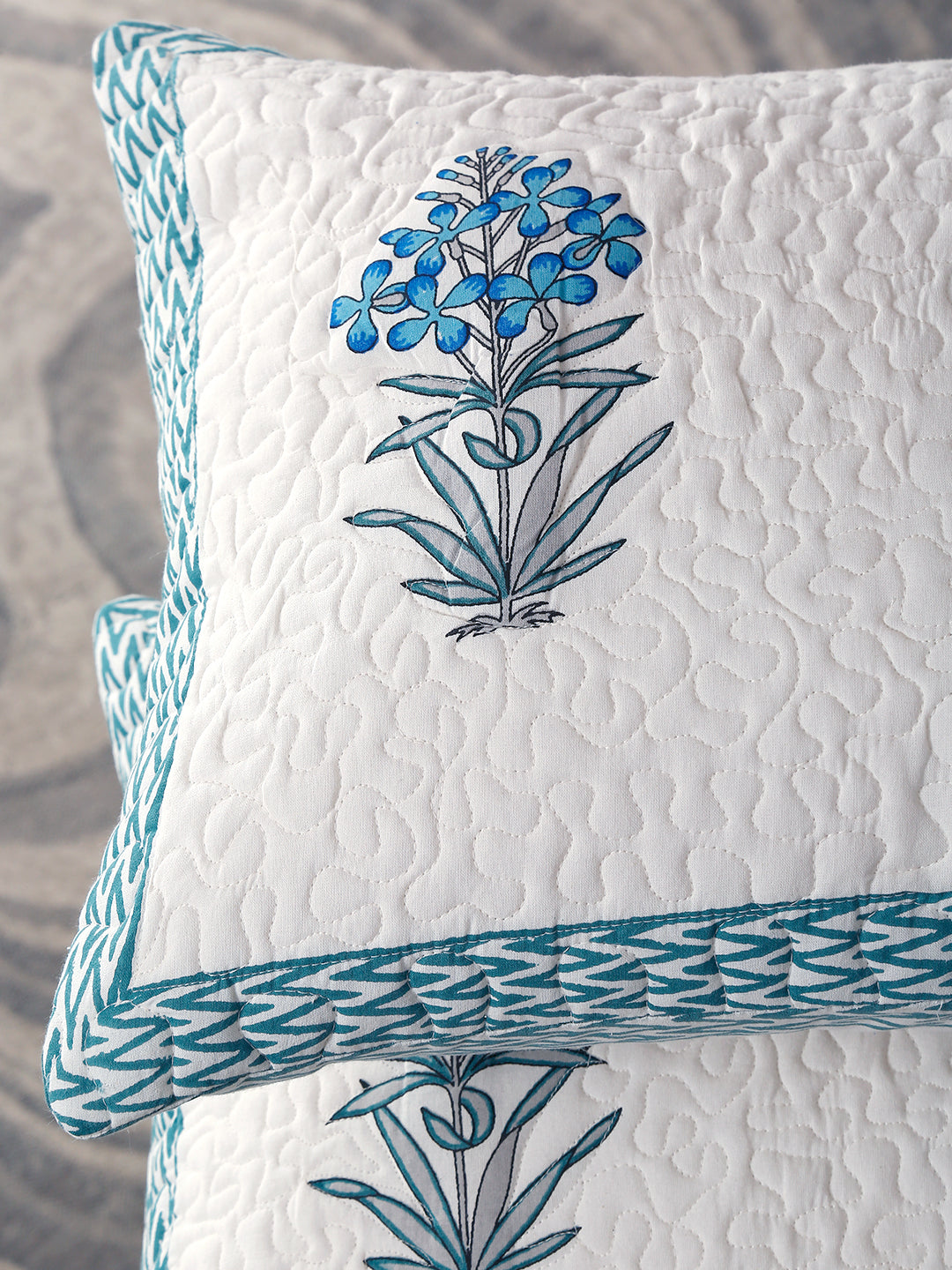 Rajasthan Decor White and Aqua Cotton Double Bed Quilted Bed Spread with 2 Pillow Covers