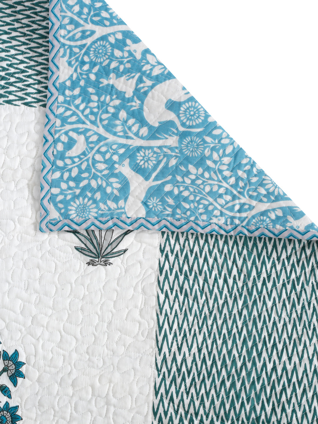 Rajasthan Decor White and Aqua Cotton Double Bed Quilted Bed Spread with 2 Pillow Covers