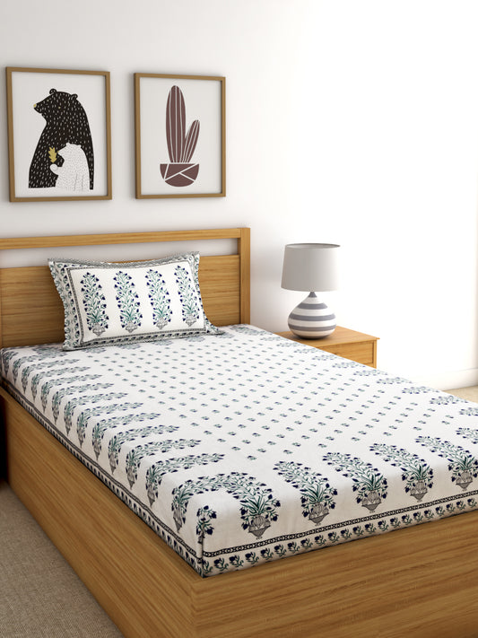 Screen Print Floral White Color Cotton Single Bedsheet with 1 Pillow Cover