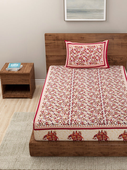 Animal Print Beige Color Cotton Single Bed Sheet with 1 Pillow Cover